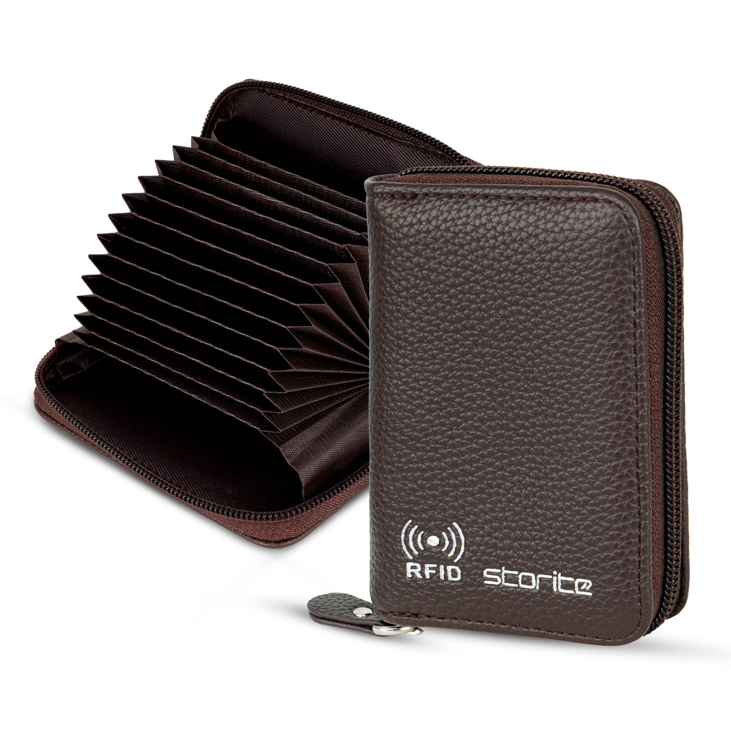 Storite RFID Blocking PU Leather Unisex Wallet - Brown | Horizontal Card Holder with 12 Slots, ID Window | Stylish Slim Compact Travel Friendly Anti-Theft Purse | Gift for Men & Women