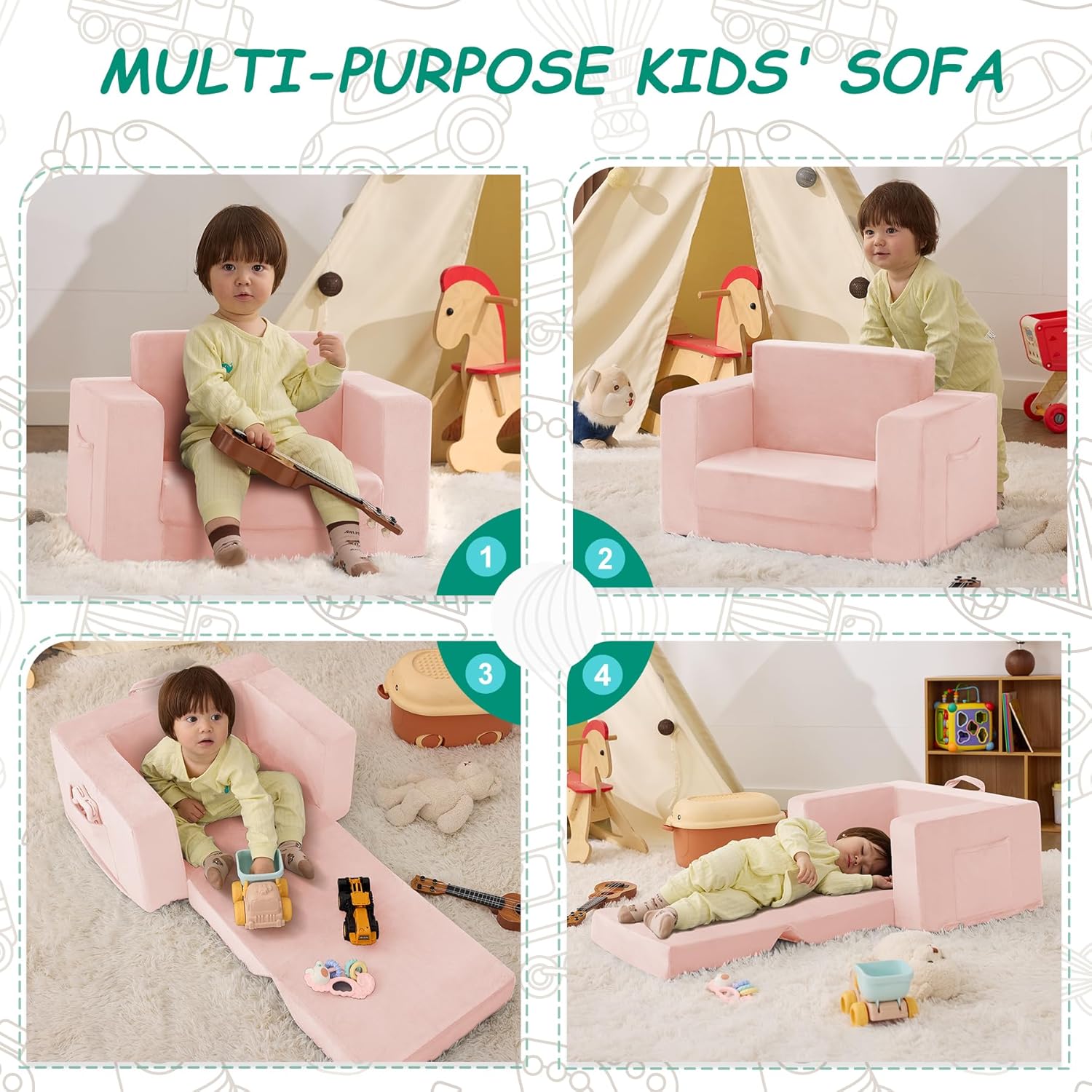 Kids Couch, 2-in-1 Toddler Chair Comfy 1-3 Years, Convertible Kids Chair, Toddler Couch That Fold Out, Kid Lounge Chairs for Boys and Girls Gifts, Kids Recliner, Pink - Image 6