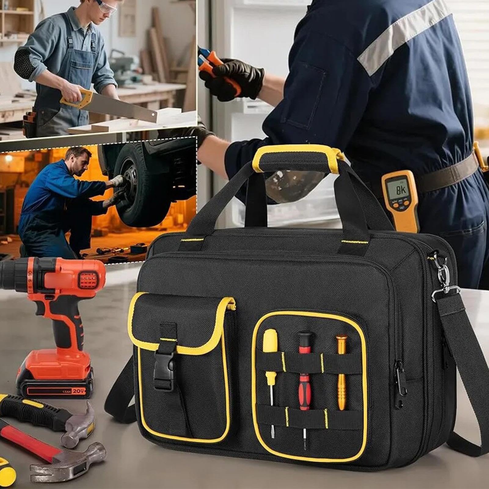 Borsa Attrezzi Robusta HVAC con Tasca Laptop | Organizer Portautensili Per Falegnami, Idraulici, Elettricisti, Garage, Costruzioni, E Lavori Di Miglioramento Della Casa