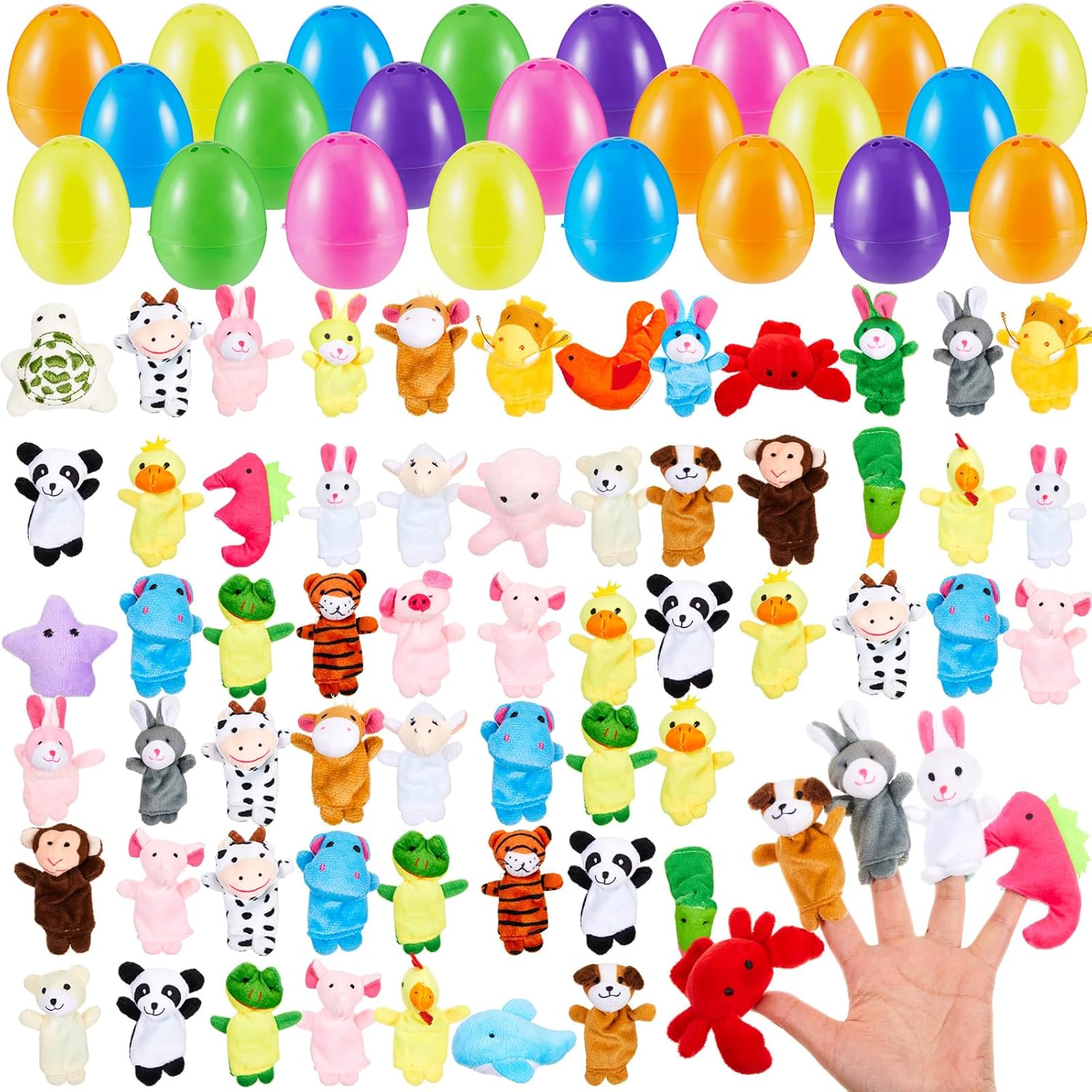 Civaner 120 Pcs Easter Eggs with Finger Puppets Prefilled Egg with Cartoon Animal Puppets Easter Basket Toys Soft Plush Dolls Props for Party Basket Stuffers (Lovely Style)