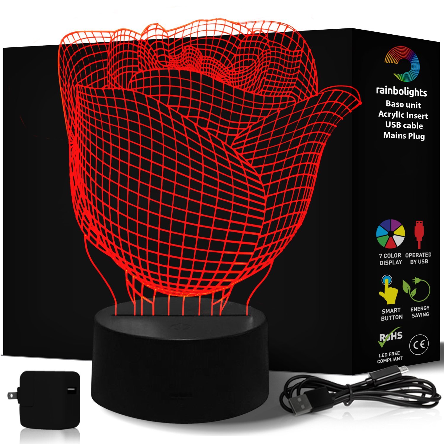 rainbolights Romantic Gift IDEA 3D Illusion Rose Flower Send Flowers in a Different Way This Year! Includes Mains Plug and USB Cable Larger Size 218x185mm