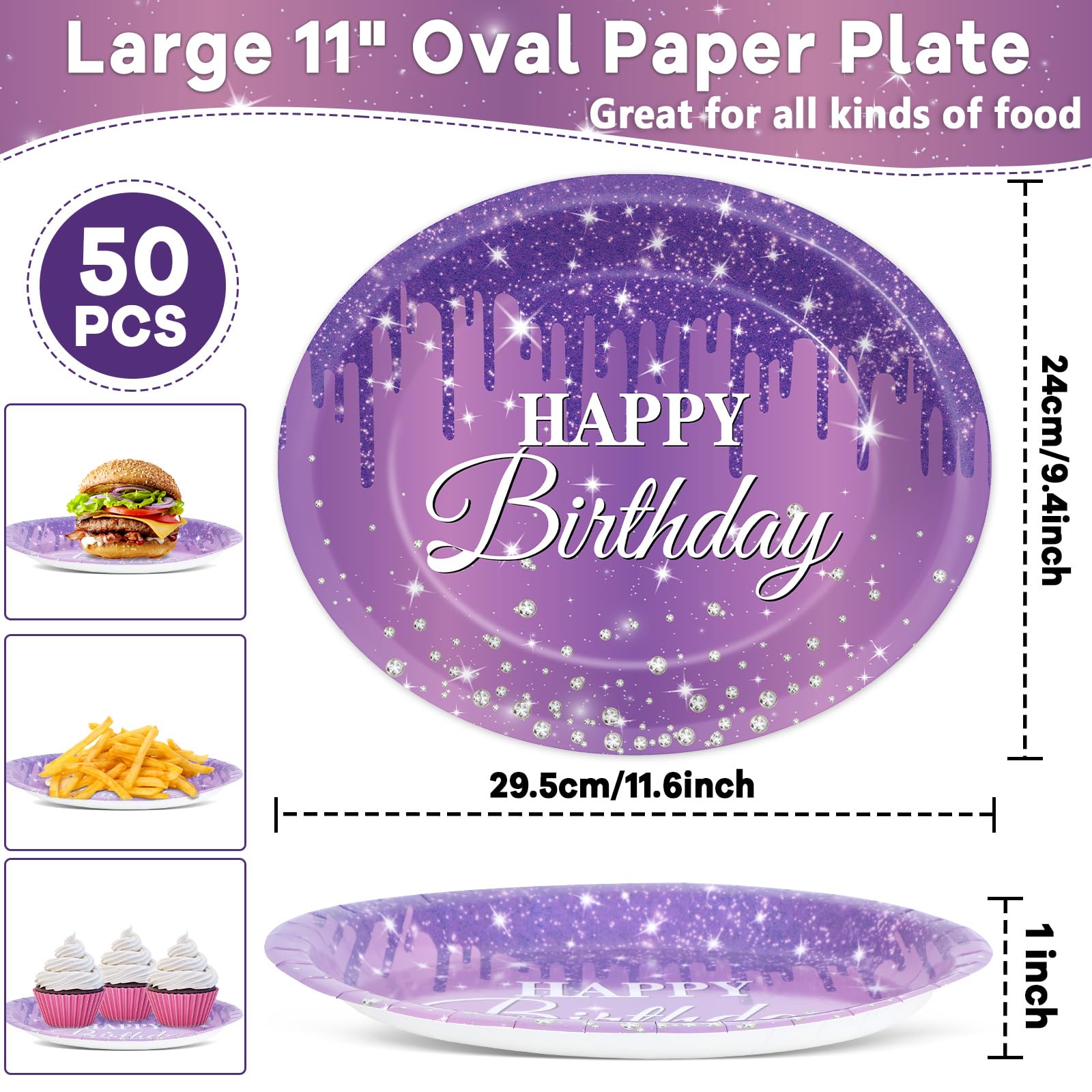 50 platos de papel ovalados de cumpleaños morados y plateados de 11 pulgadas, platos grandes de diamantes con purpurina, decoración de fiesta de cumpleaños, bandeja resistente para niñas y mujeres