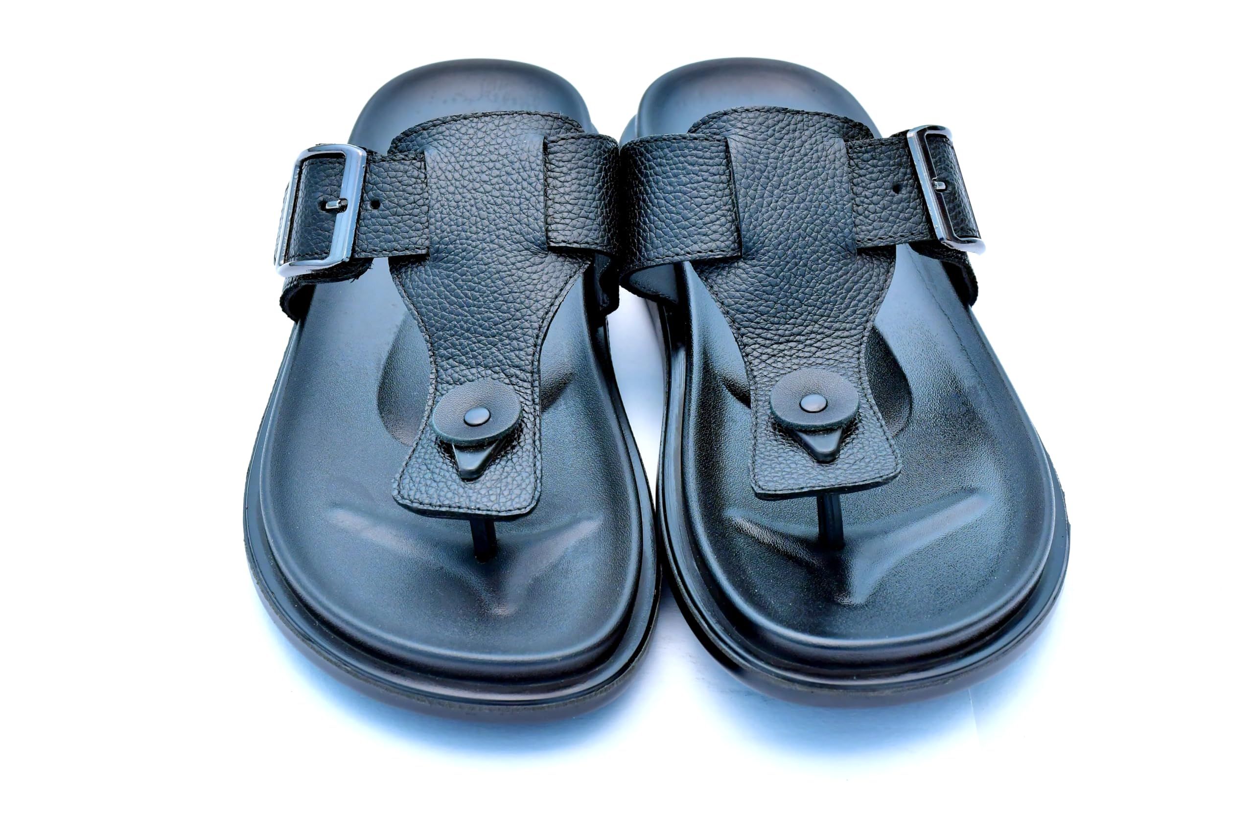 Men's Genuine Leather Thong Sandals, Black, Buckle Strap, Cushioned Footbed, Casual Slip-On Flip Flops-image-3