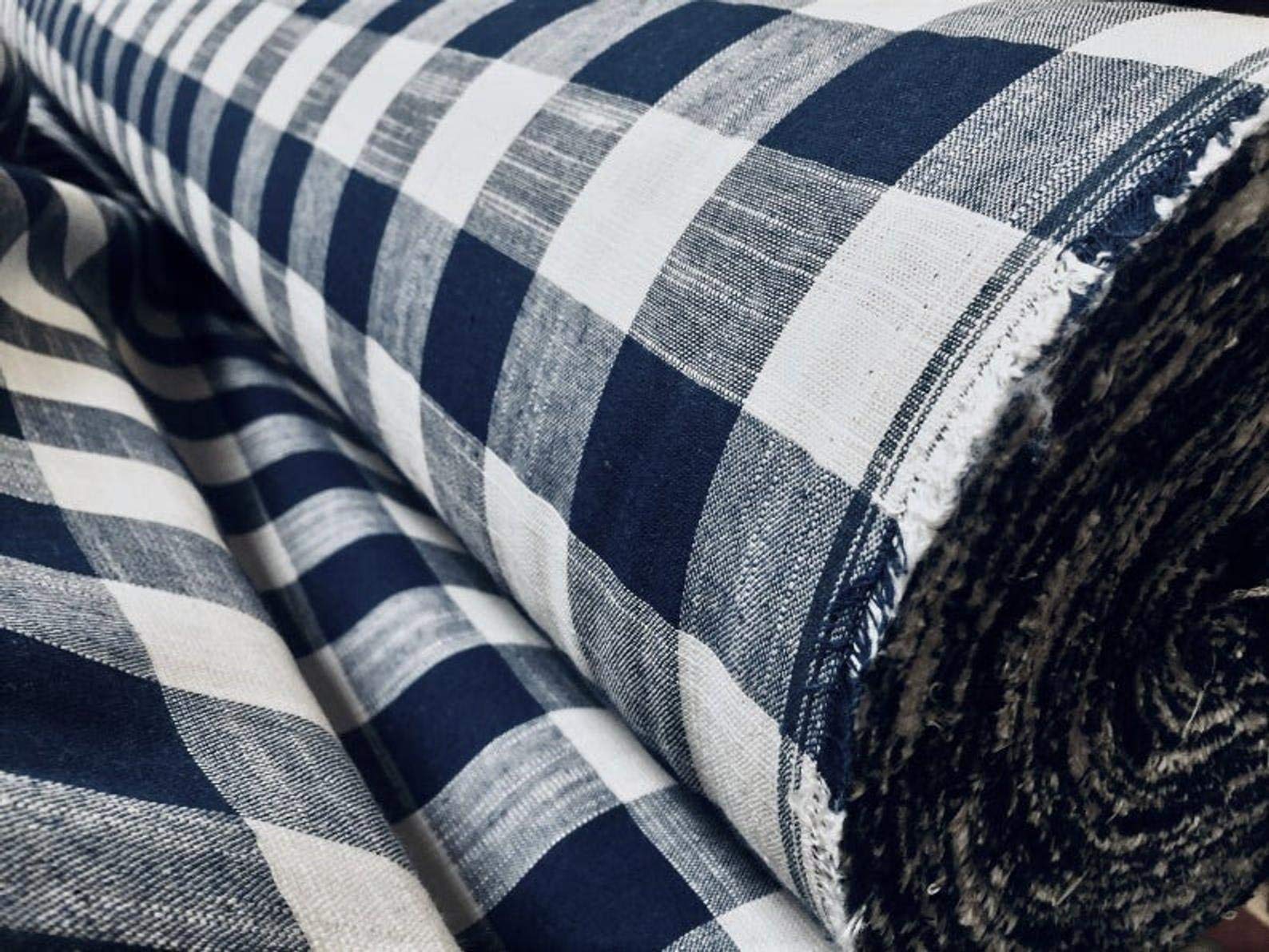 Gingham Linen Checked Linen Fabric Plaid Material Buffalo Black or Blue Check - 140cm Wide (Sold by The metre) (Navy Blue & White)