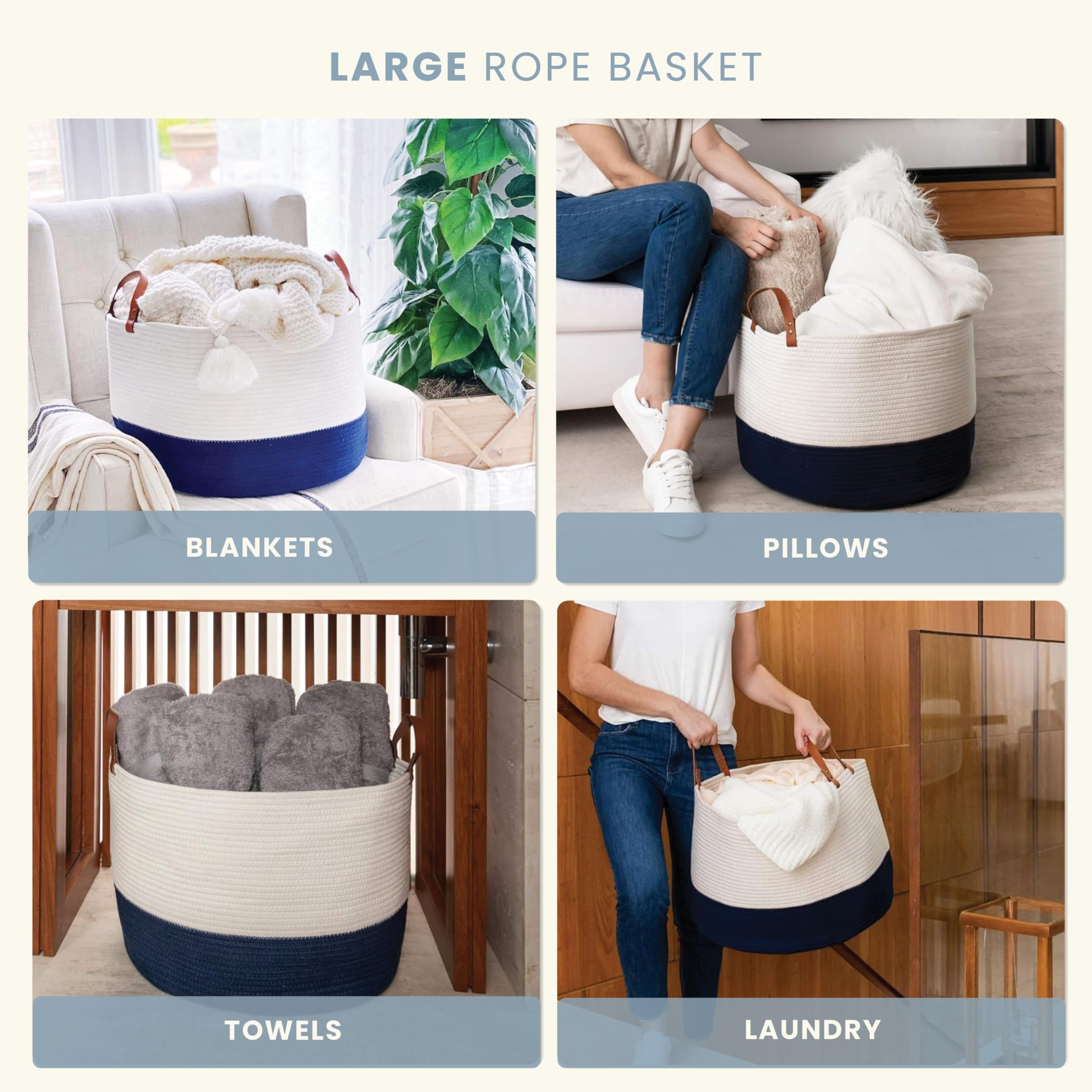 OrganiHaus Laundry Basket With Leather Handles, Extra Large Woven Cotton Rope Bin for Clothes Pillows & Towels - Image 3