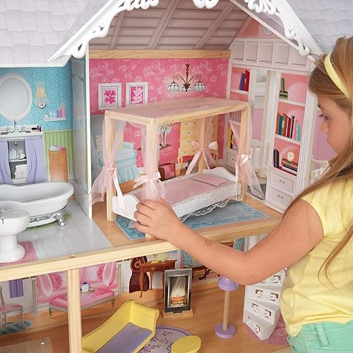 Miniatura 10 de KidKraft Kaylee - Casa de muñecas de madera casi 4 pies de alto con ascensor escaleras y 10 accesorios regalo para mayores de 3 años