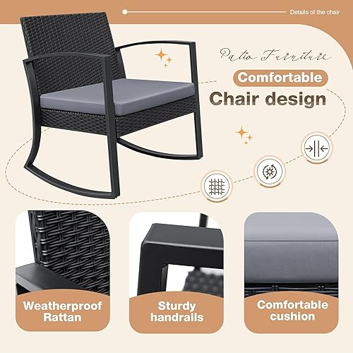 Miniatura 6 de Greesum Juego de muebles de exterior de 3 piezas para patio, bistró, mecedoras con mesa de centro de cristal para piscina, playa, patio, balcón,