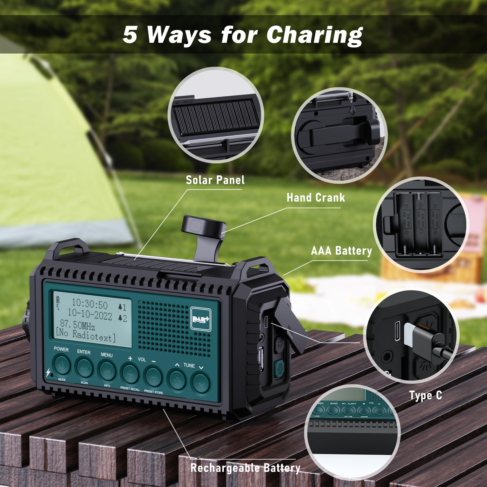 Radio à Manivelle Dab+/Dab/FM avec Batterie Rechargeable 5000mAh, Lampe de Poche, Camping Portable, Charge USB, Dynamo SOS