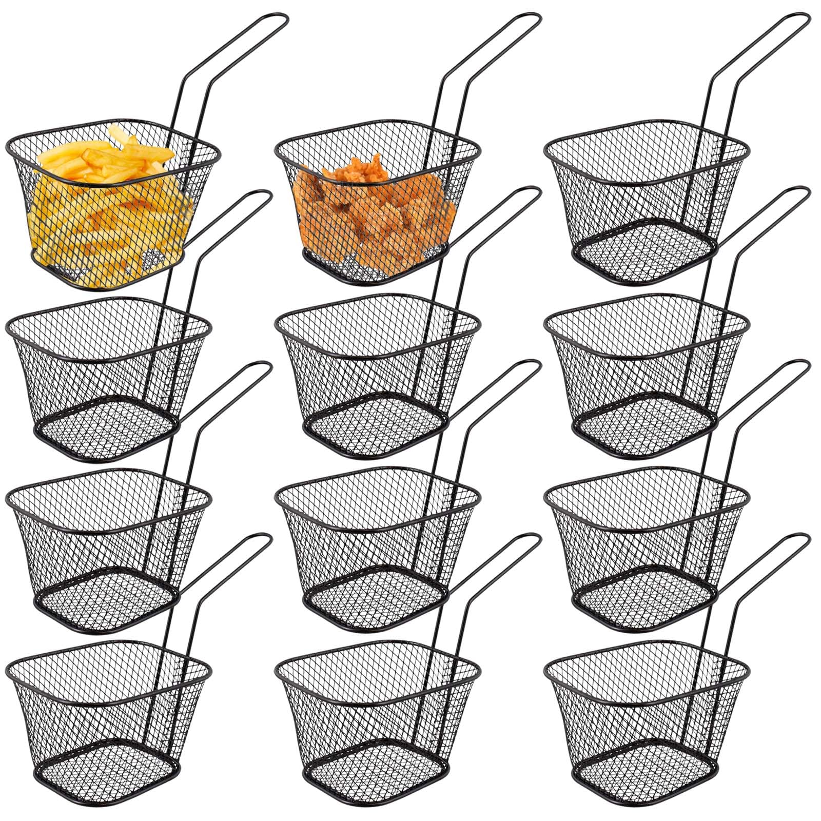 Lot de 12 petits paniers à frites en acier inoxydable avec poignée - Noir - Panier de service pour frites, crevettes, rondelles d'oignon