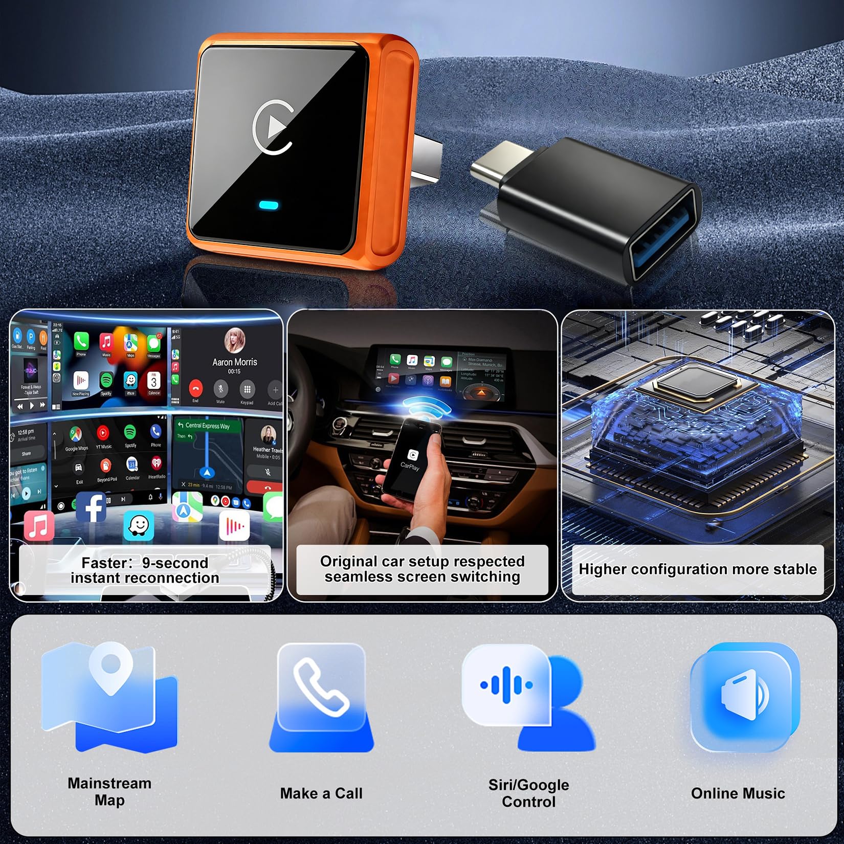Mini Adaptateur sans Fil CarPlay pour iPhone et Android, Adaptateur de Lecture de Voiture 2-en-1 amélioré, avec Connexion Automatique Rapide et Stable, Adaptateur sans Fil CarPlay 2026