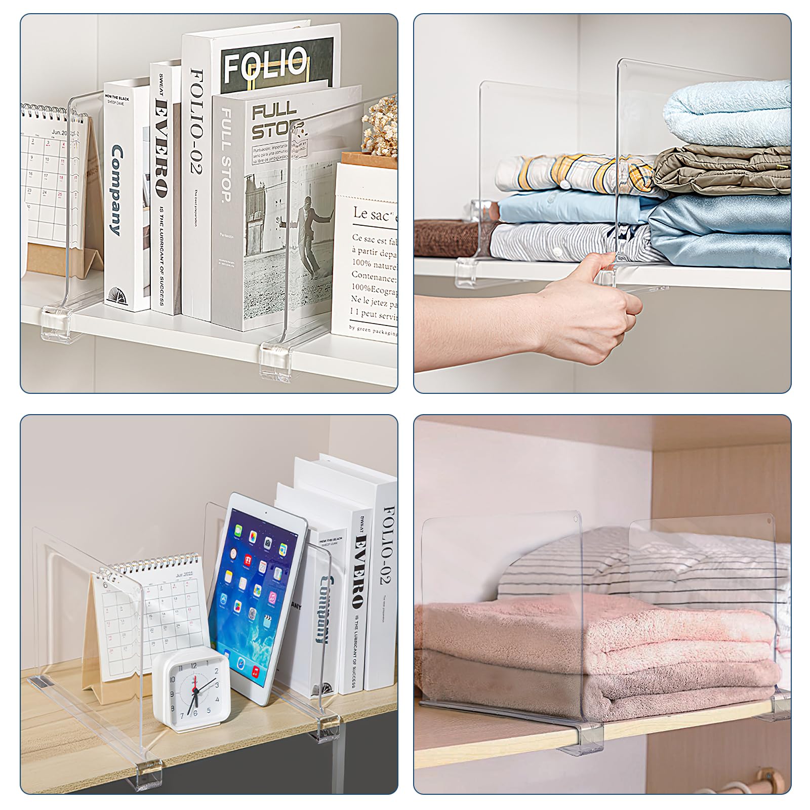 Kasanni 8 Pezzi Divisori Armadio 30x20 Cm Divisori per Mensole in Acrilico Trasparente Multifunzione Divisori per Armadio Interno Adatto per Camere da Letto, Cucine, Librerie