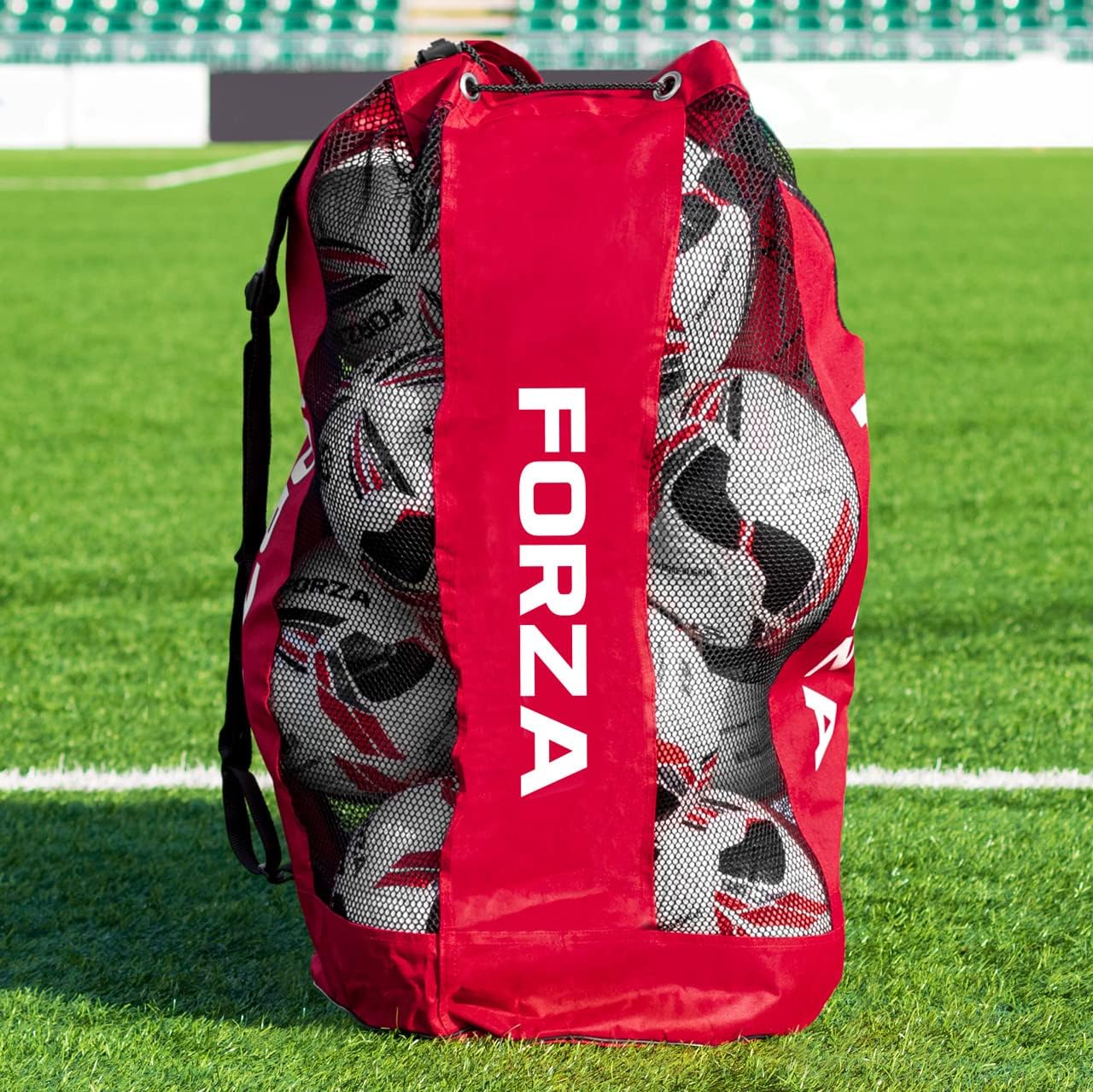FORZA Premier Ball Carry Bag | Drawstring Soccer, Basketball, Netball & Volleyball Mesh Bag | 5 Color Options - Heavy Duty Equipment Holdall | 12 Ball Capacity (Red) : Sports & Outdoors