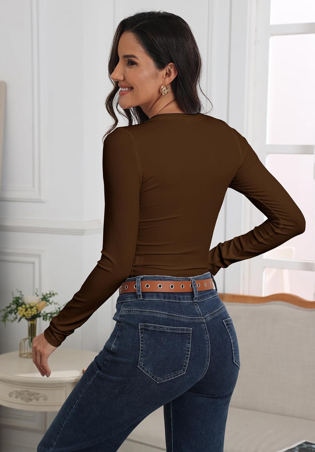 Roselux Womens Long Sleeve Stretch Crewneck Ribbed Knit Fitted Crop Top Casual Basic Shirts - Image 5