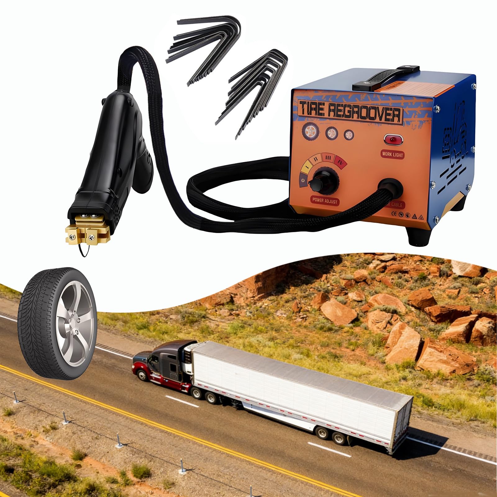 SBCGFY Professional Tyre Groover, 4-Speed Power Adjustment, Portable Tire Rubber Grooving Cutter Tool, Tire Engraving Machine With 10 Blades, For Tread Pattern Retreading