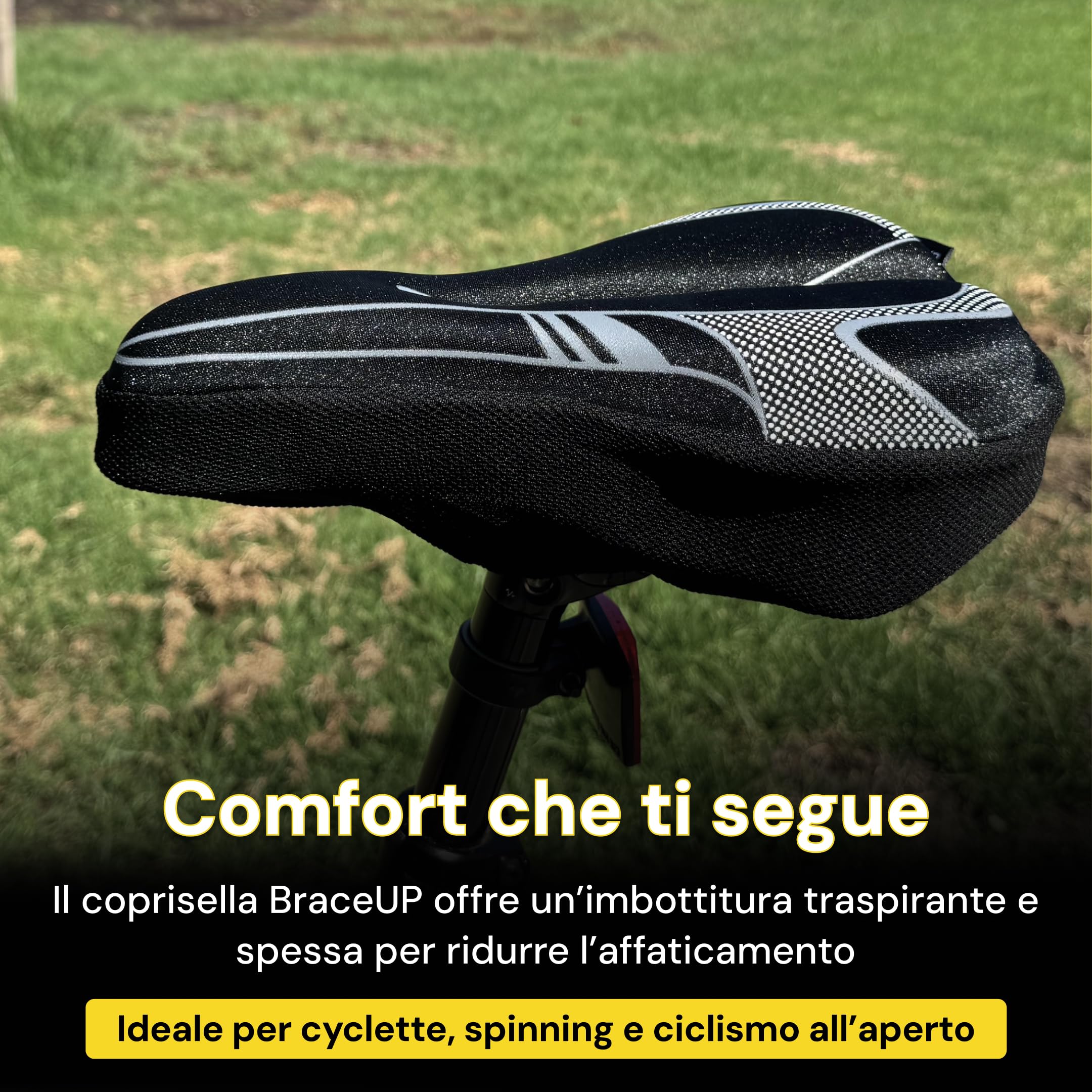 BraceUP Coprisella in Gel per Bicicletta per Donne e Uomini, Cuscino per Sella di Bicicletta Imbottito con Spugna di Silicone Extra Spessa, Design Antiscivolo, per Cyclette, Spin e Ciclismo Indoor
