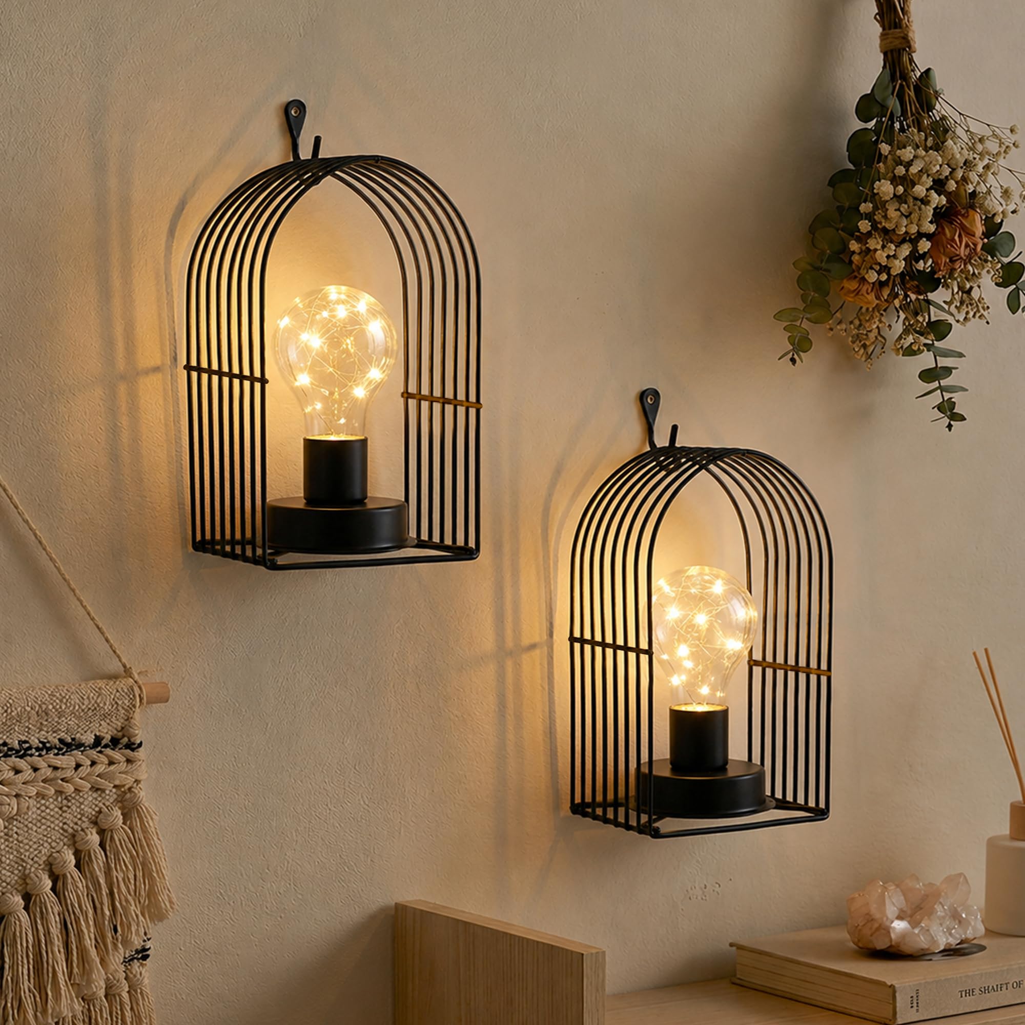 JHY DESIGN Jedyny w swoim rodzaju bezprzewodowy kinkiet ścienny, zestaw 2 metalowych lamp do sypialni, salonu, korytarza z 6-godzinnym timerem i ciepłą bielą żarówką