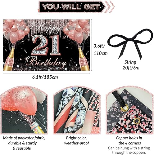 Miniatura 2 de Decoraciones de cumpleaños 21 para ella, pancarta de feliz cumpleaños 21, telón de fondo de oro rosa, fiesta de cumpleaños de 21 años, letrero de