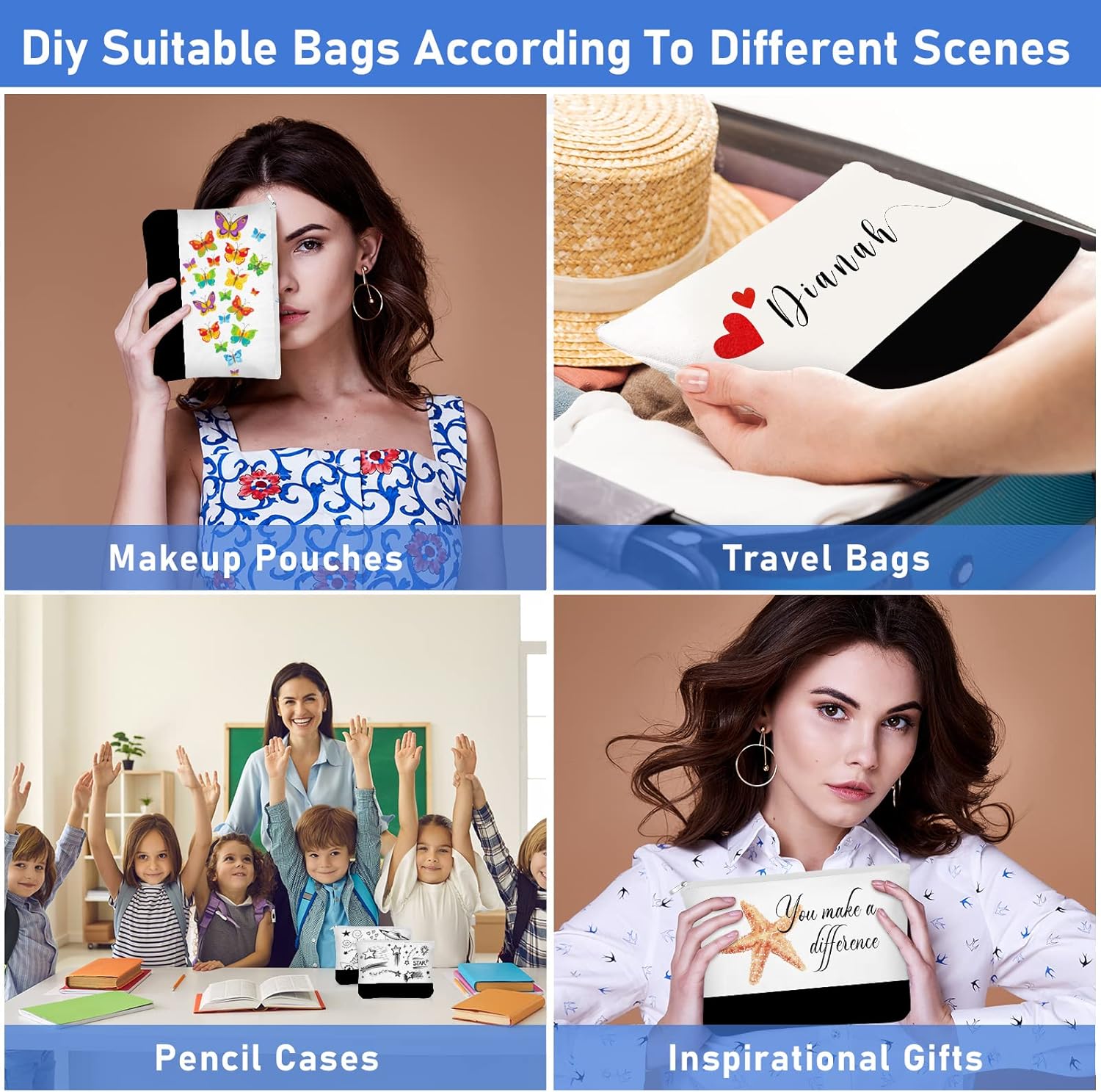 Inbagi 20 Pieces Blank Cosmetic Bags Canvas 9 x 6.9 Inch Sublimation Makeup Bags Bulk with Zipper Blank DIY Toiletry Pouch Canvas Travel Bag for Travel Pen Pencil Storage