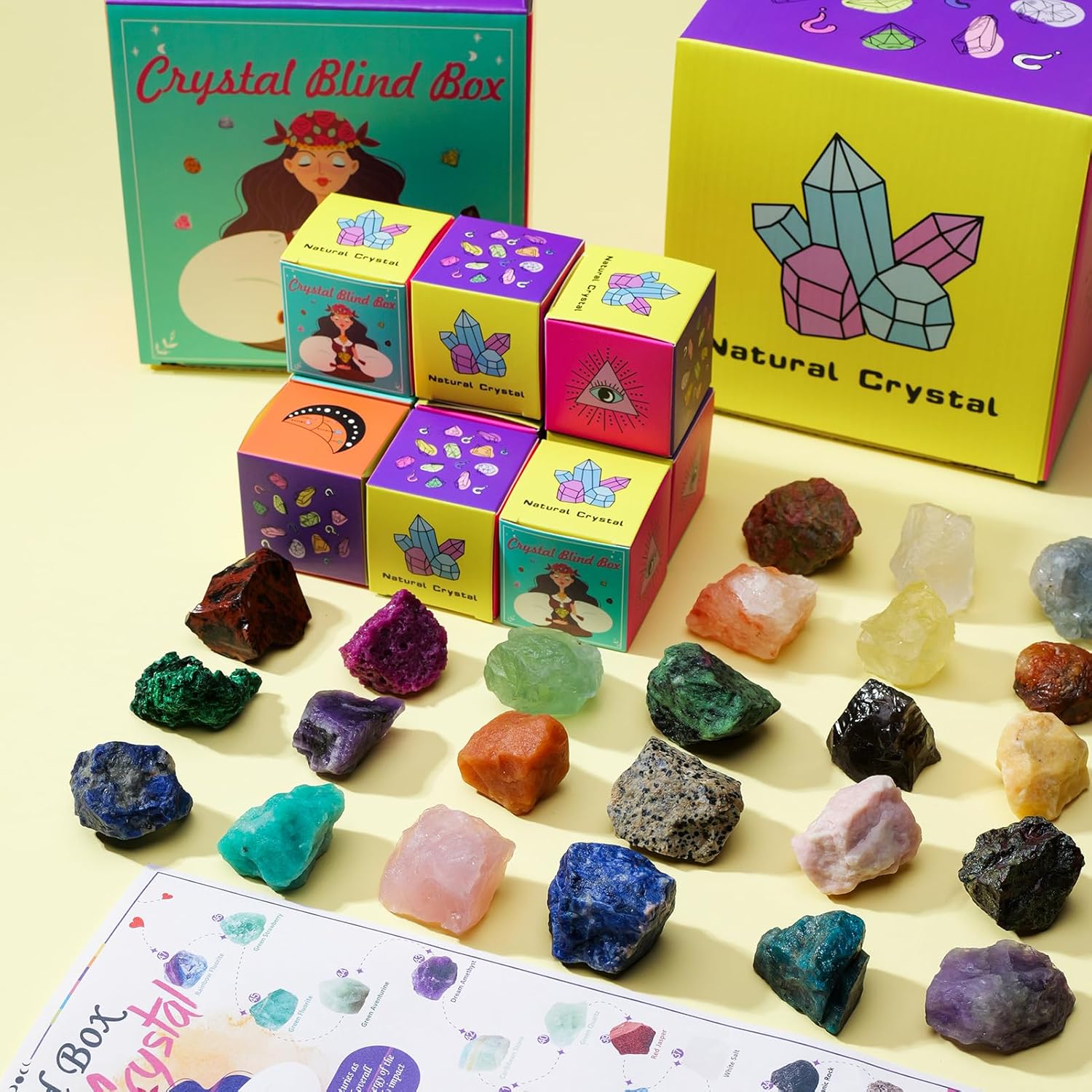 Runyangshi 27PCS Natural Crystal Raw Stone Blind Box with 27 Lucky Crystal Random Mystery Box Collectible lCreative Series Have Citrine Celestite Malachite Amazonite etc Many Random Material