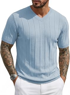 JMIERR Men's V Neck Knit T Shirt Short Sleeve Casual Sweater Shirt | Ribbed Shirt, Old Money, Pullover, Summer, Vaction, Fashion, Business, Dress, Beach, Machine Washable