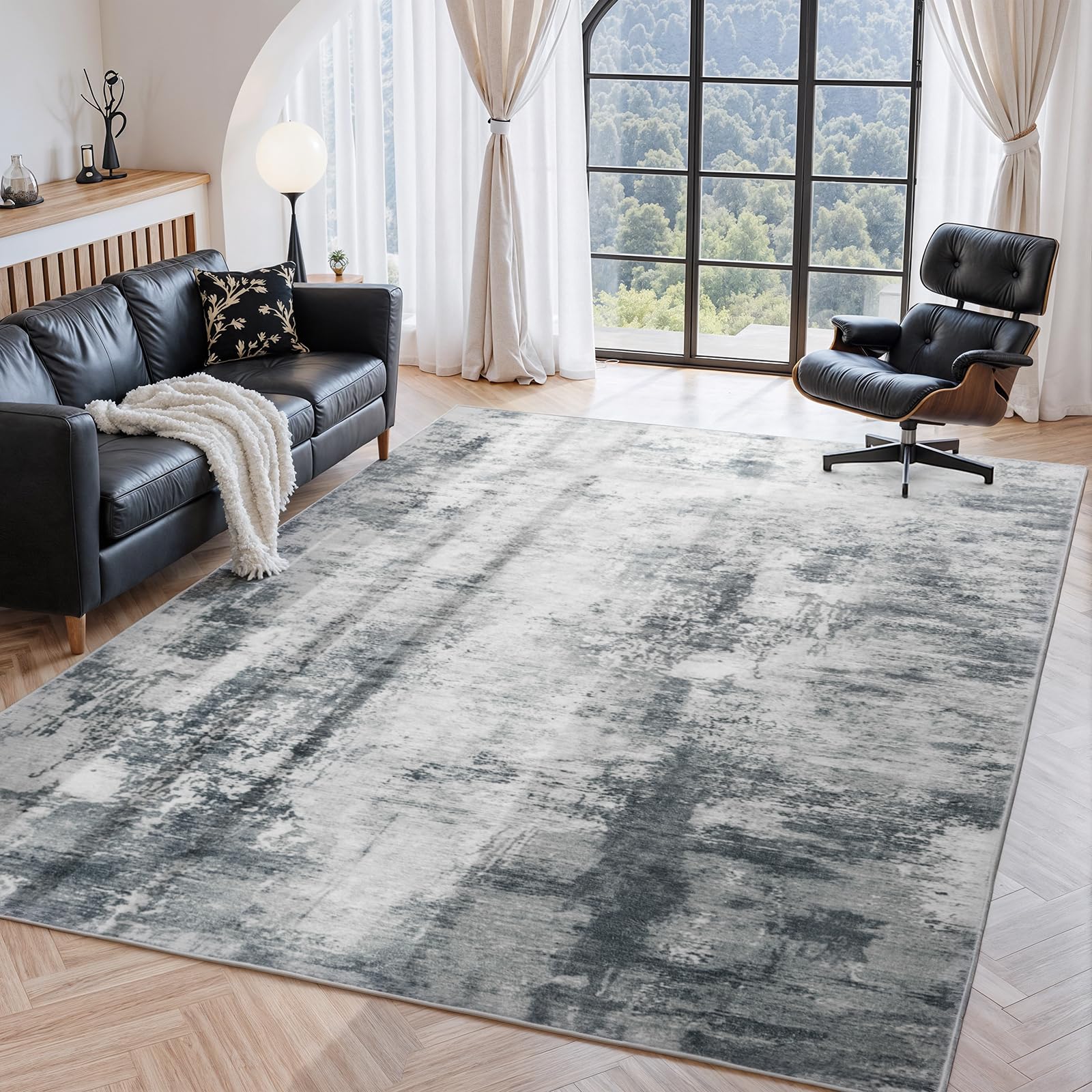 Alfombra abstracta gris CRYPTOLITE de bajo perfil decorativa para comedor moderno