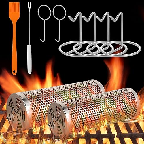 Rolling Grilling Baskets for Outdoor Grilling BBQ Grill Basket Stainless Steel, grill basket for veggies Fish, Shrimp, Meat, Fries Food Camping, Gift for Men(Small+Large)