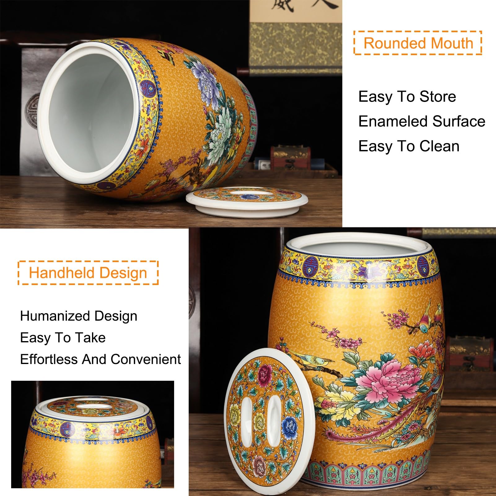 Ceramiczny zbiornik ryżu, Ceramiczny słoik na ryż z zamkniętą pokrywką, wielokolorowy, wiele rozmiarów, na fasolę, kukurydzę, pszenicę, płatki owsiane(Gold,37x30cm/14.6x11.8in)