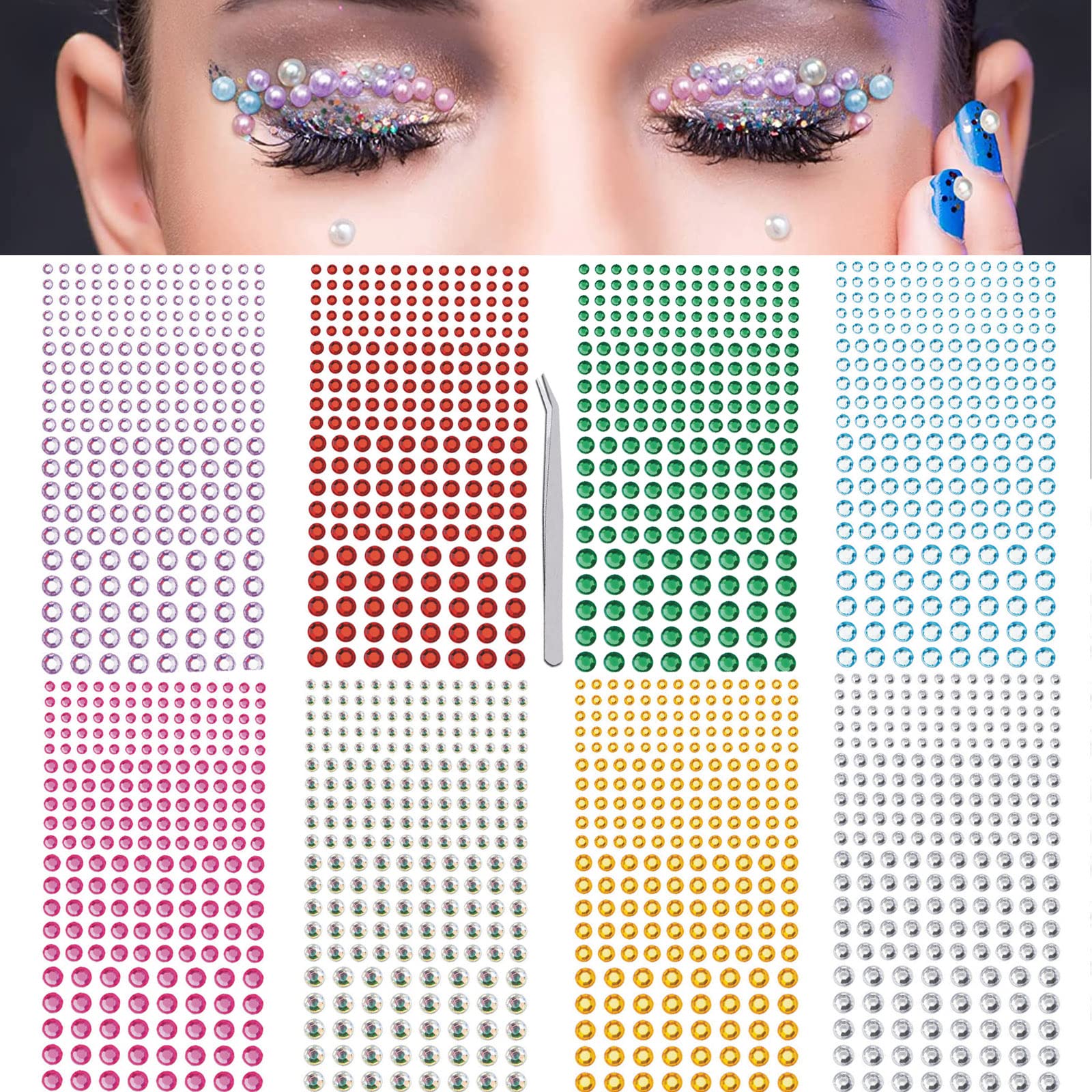8 Sheets Face Jewels Eye Gems for Makeup, Self-Adhesive Rhinestone Stickers Flatback Pearls for Nails, Festival Accessories for Hair Nail Art Cell Phone DIY Crafts Scrapbooking((Jewel Stickers）