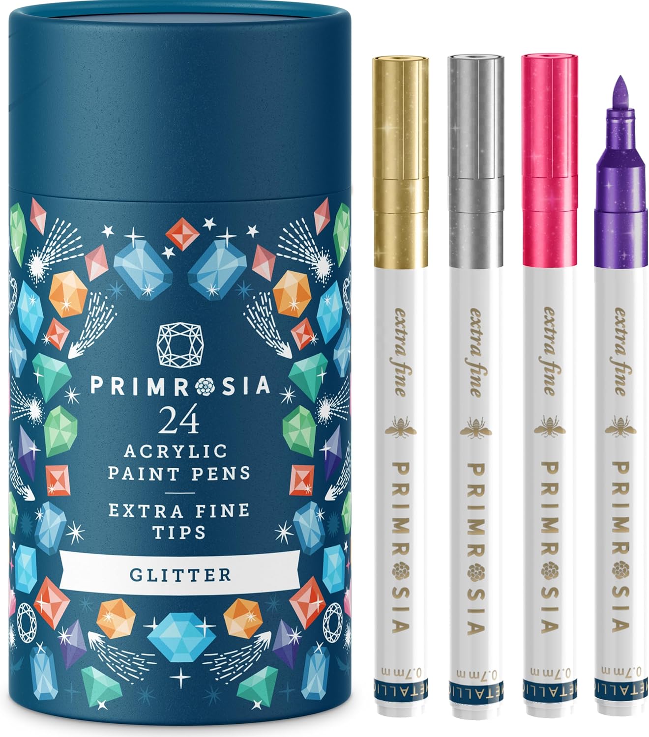Primrosia 24 Glitter Markers - Acrylic Paint Pens – Extra Fine Tip Markers Set. Art supplies for DIY Craft, Drawing, Ceramics, Coloring, Rock Painting, Calligraphy and Lettering