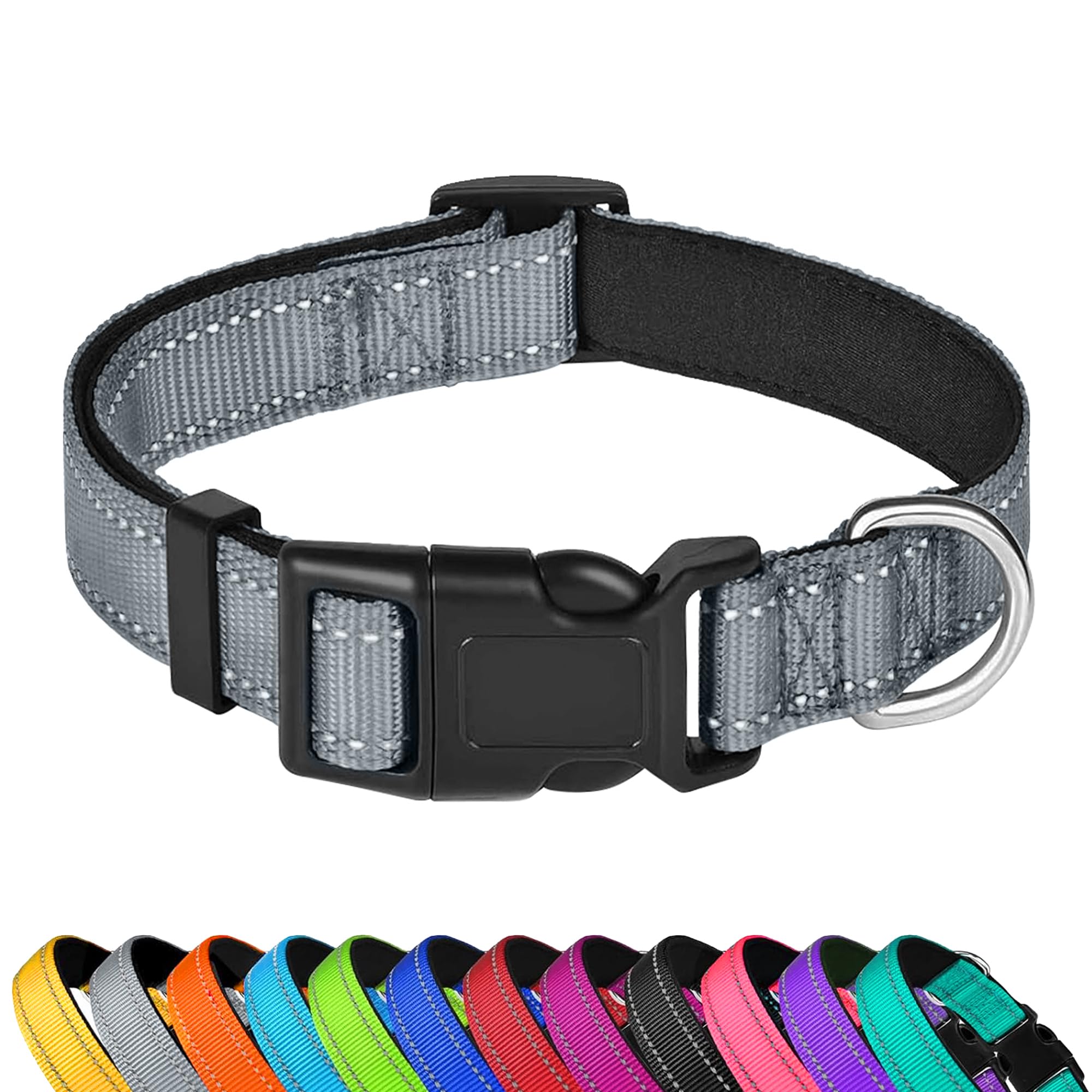 Reflective Dog Collar, Adjustable Soft Neoprene Padded Nylon Pet Collars with Buckle for Large Dogs, Gray,L