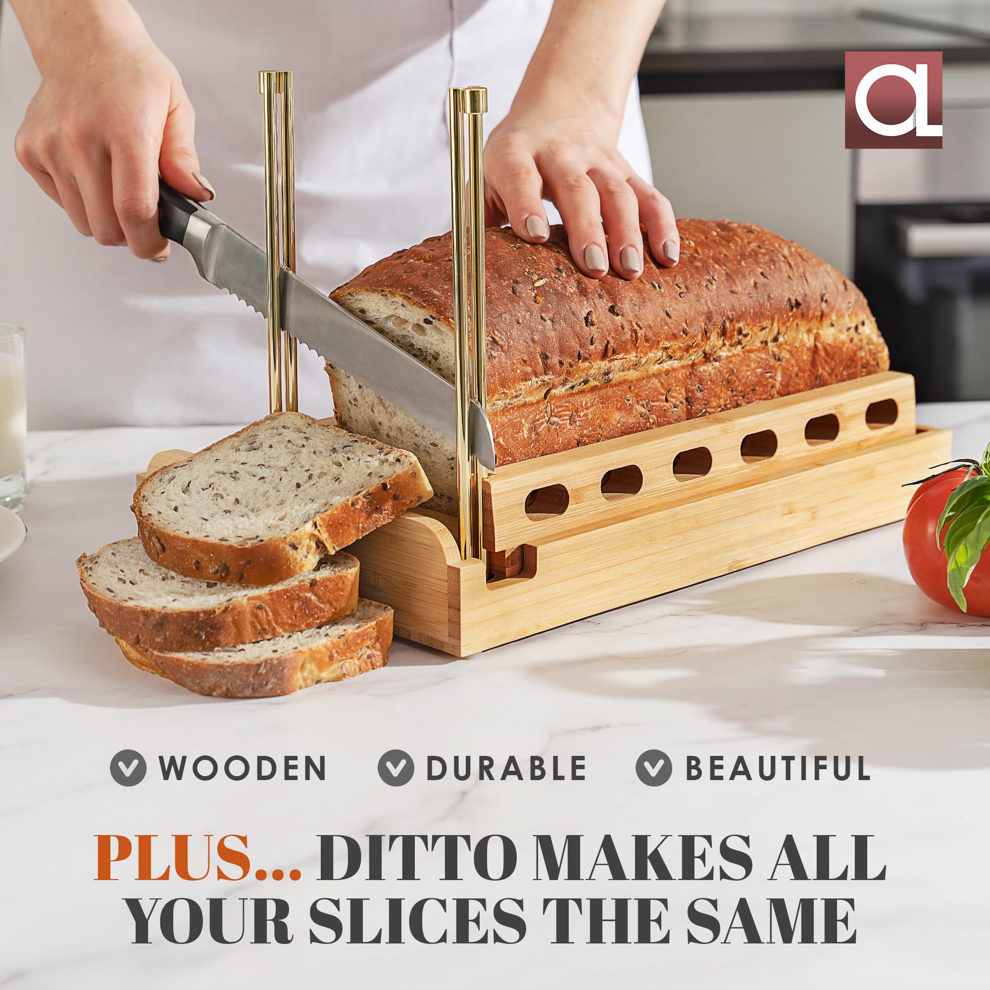 DITTO 2.0 Bambus-Brotschneider für hausgemachtes Brot, 16,5 cm breit, verstellbarer Brotschneider, schneidet gleichmäßige Scheiben, 4 Dickenoptionen, funktioniert mit Brötchen, Bagels – inkl.