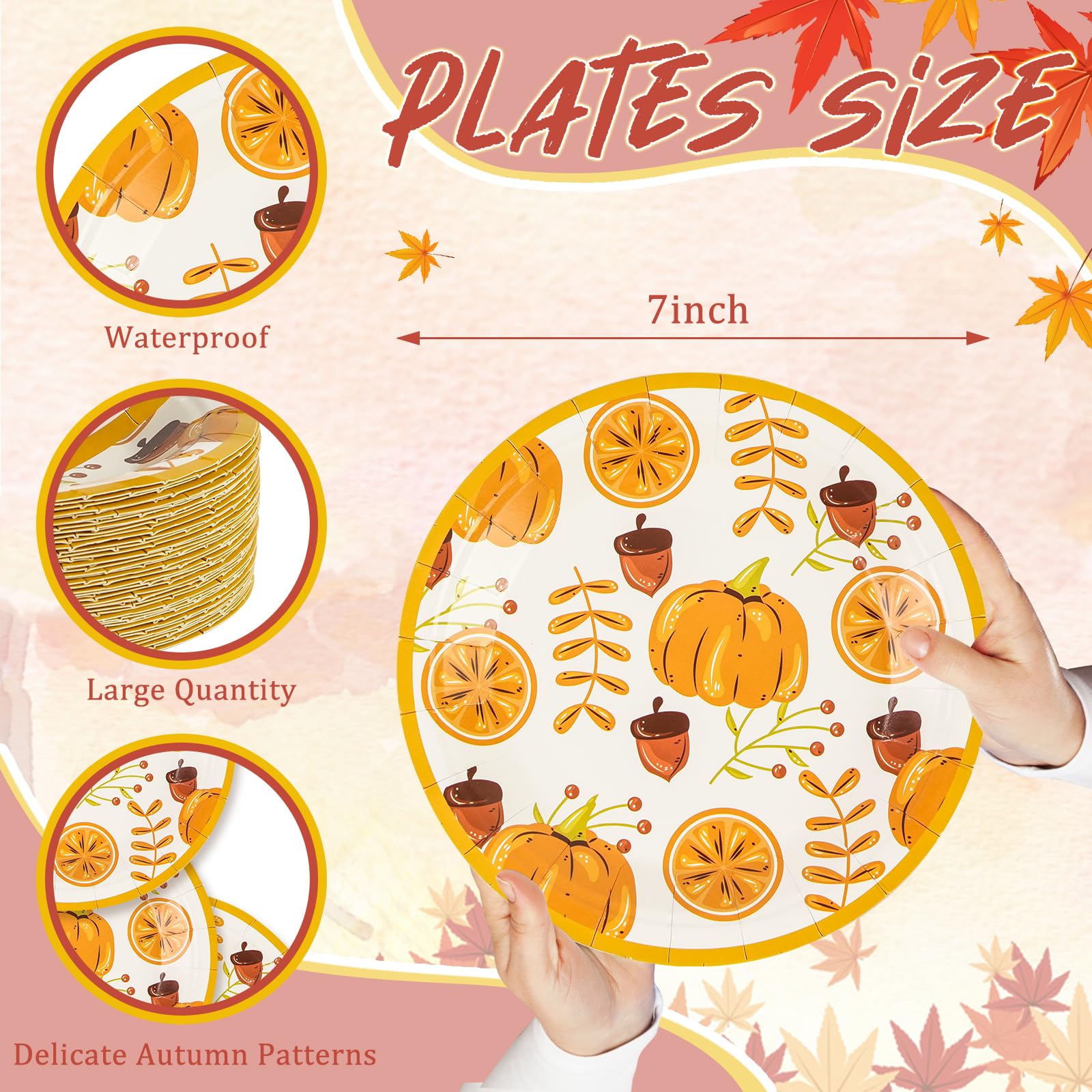Confezione da 48 piatti di carta usa e getta da 17,8 cm, motivo foglia d'acero e zucca, piatti da dessert, piatti da cena, per feste autunnali
