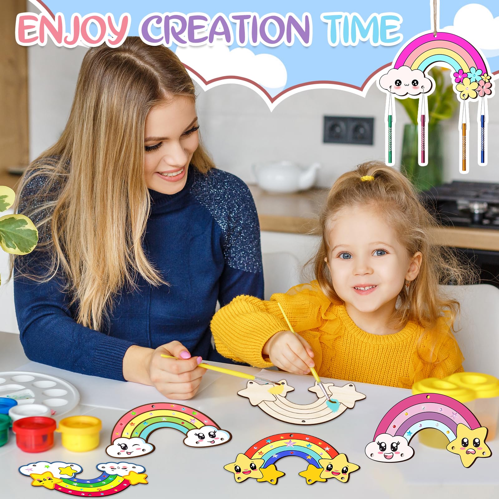 Kit De 12 Campanillas De Viento De Madera Arcoíris Para Niños, Manualidades DIY, Pintura Y Decoración, Ideal Para Exteriores, Jardín Y Terrazas, Regalo Creativo