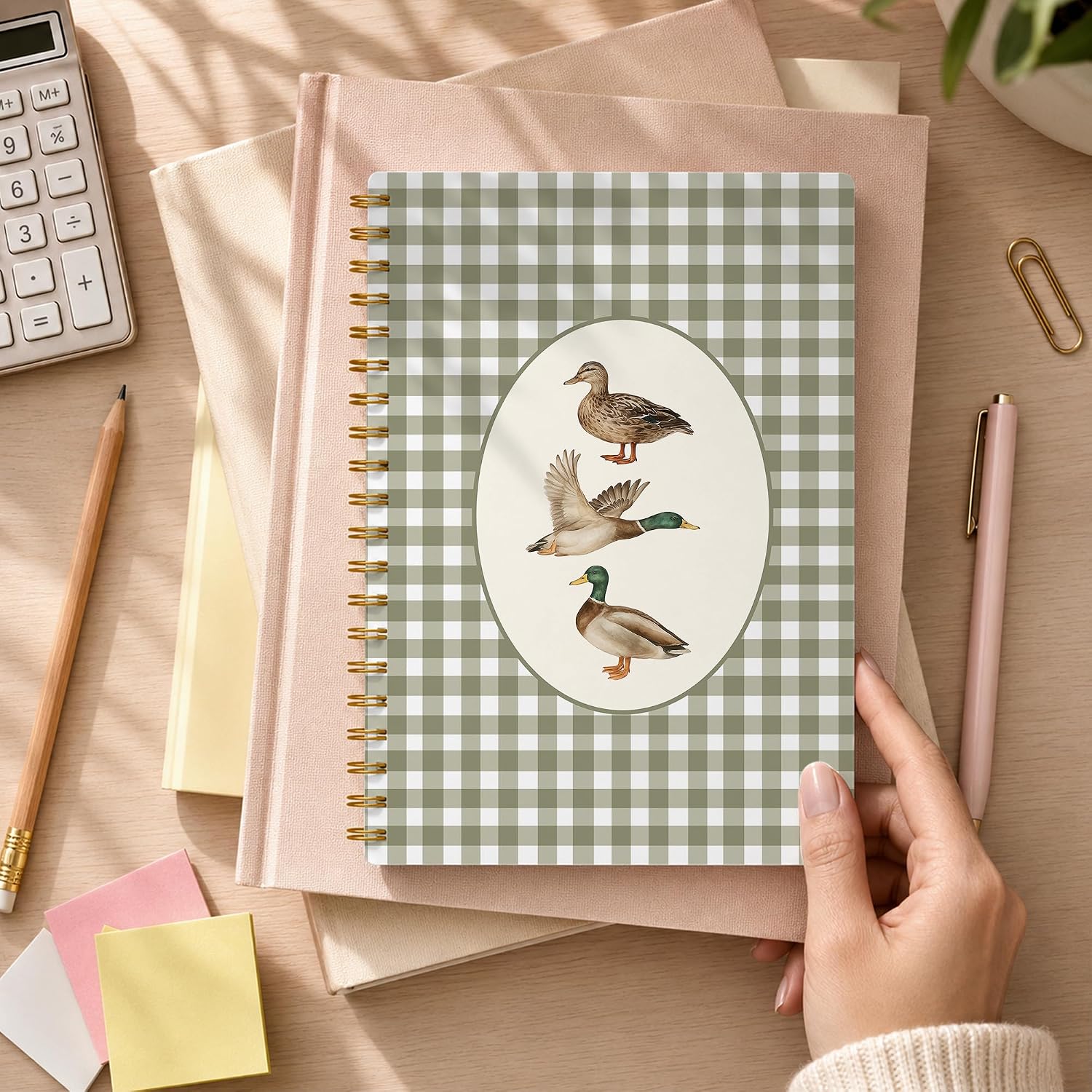 Green Gingham Mallard Duck Spiral Notebook, Gifts for Duck Lovers, Green Checkered Aesthetic Journal for Women Men, Gifts for Wildlife Lovers Notebooks 5.5x8.3 Inch image 5