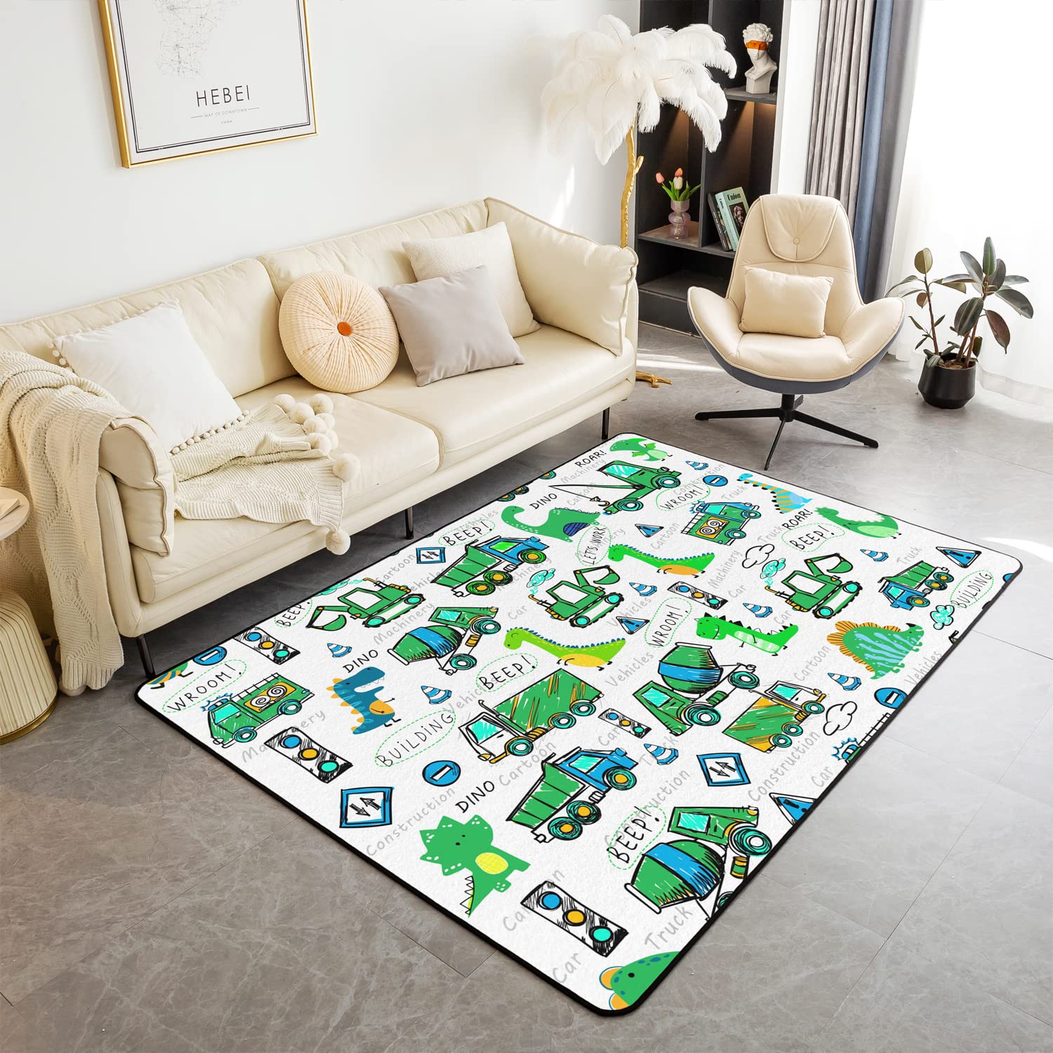 Tappeto dinosauro per soggiorno, camera da letto per bambini carino Dino area di costruzione tappeto attrezzature camion escavatore tappeto, dinosauri, macchine per camera da letto, tappeto verde 150