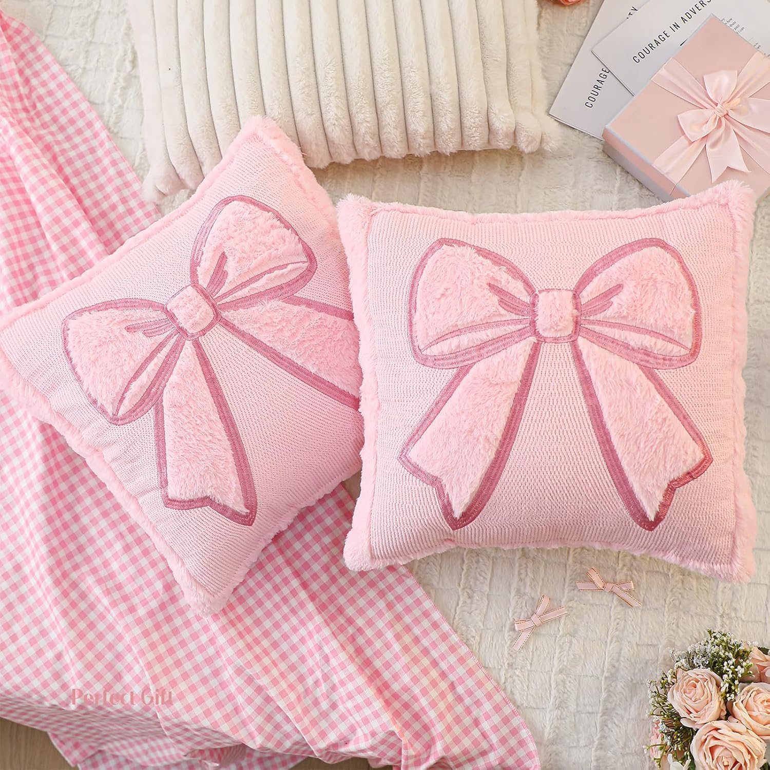 Pink Bow Pillow Covers 18x18 Set of 2 Embroidered Coquette Preppy Room Decor Decorative Cute Faux Fur Soft Bowknot Aesthetic Pillow Cover Valentine's Pillowcase for Bed Couch Dormitories Decor - Image 5