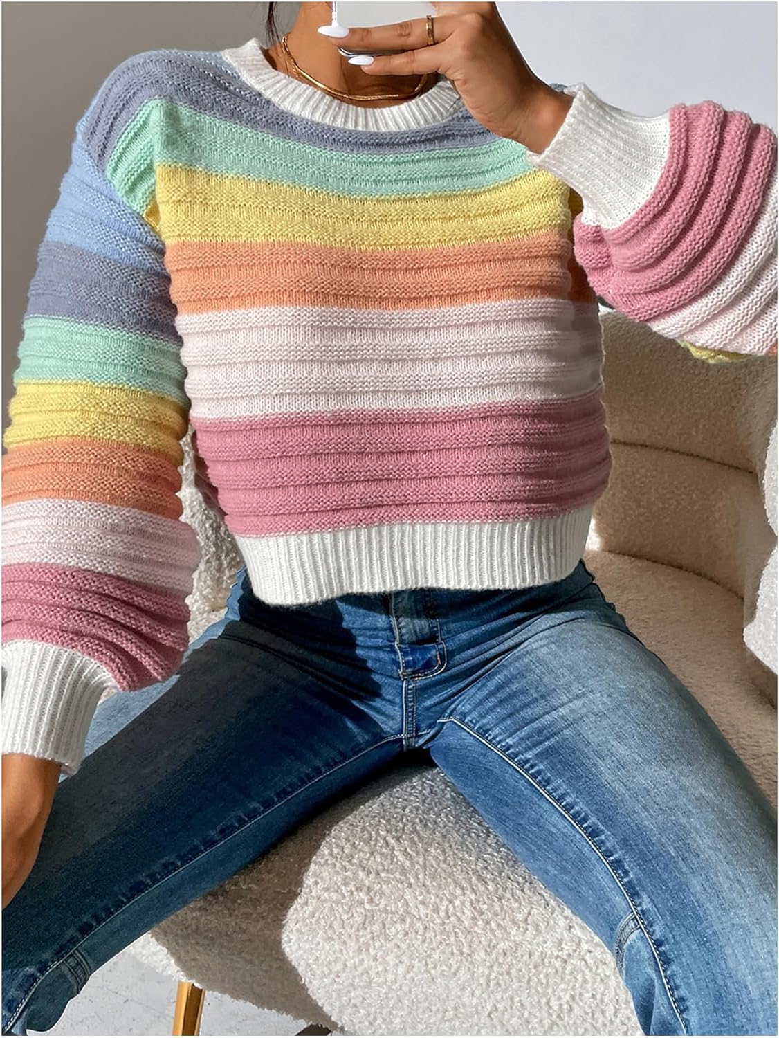 OYOANGLE Women's Color Block Lantern Long Sleeve Rainbow Sweater Drop Shoulder Pullover Jumper Tops - Image 3