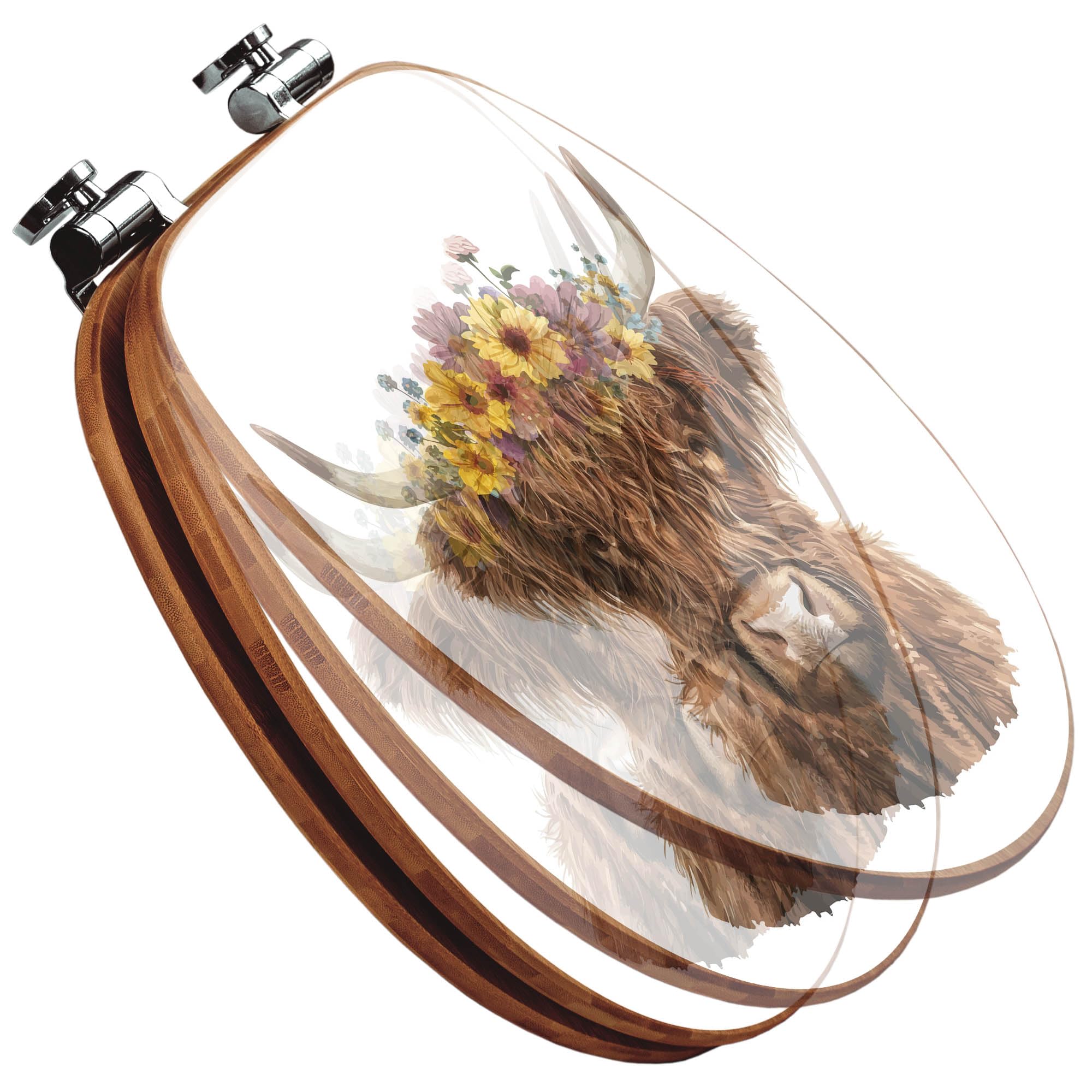 banjado Design WC Sitz Bambus Absenkautomatik 45,8x37,5cm - Toilettendeckel mit Absenkautomatik Holz - hochwertiger Bambus Klodeckel - WC-Sitz für gängigen Toiletten - Motiv Hochlandkuh mit Blumenkron