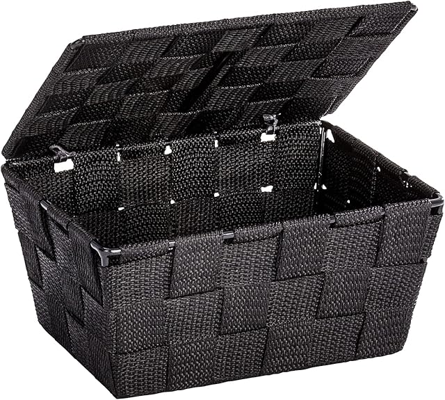 WENKO Storage Adria Black with lid-bathroom basket, Polypropylene, 19 x 10 x 14 cm