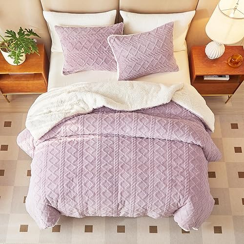 Miniatura 2 de Joyreap Juego de edredón de 3 piezas de sherpa de pelo sintético esponjoso color morado, juego de edredón de lujo tamaño queen, ultra suave y cálido