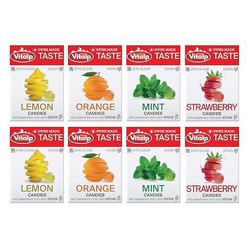 Vitalp Sabor, hecho en Suiza, caramelo sin azúcar con stevia, vegano, paquete variado, 2 cajas de limón, fresa, naranja y menta, paquetes de 0.88