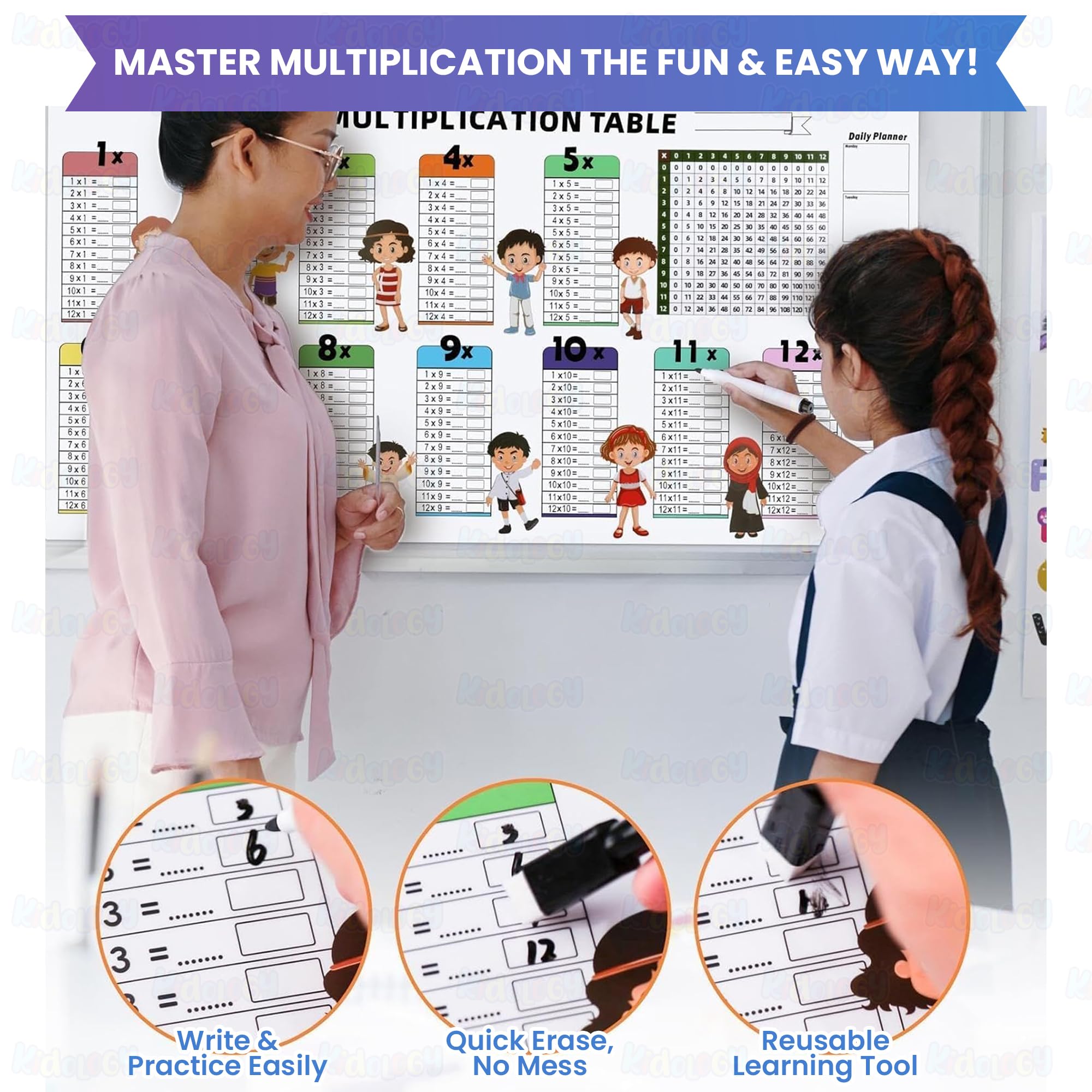 Kidology Multiplication Chart - Dry Erase Times Tables 1-12 -3