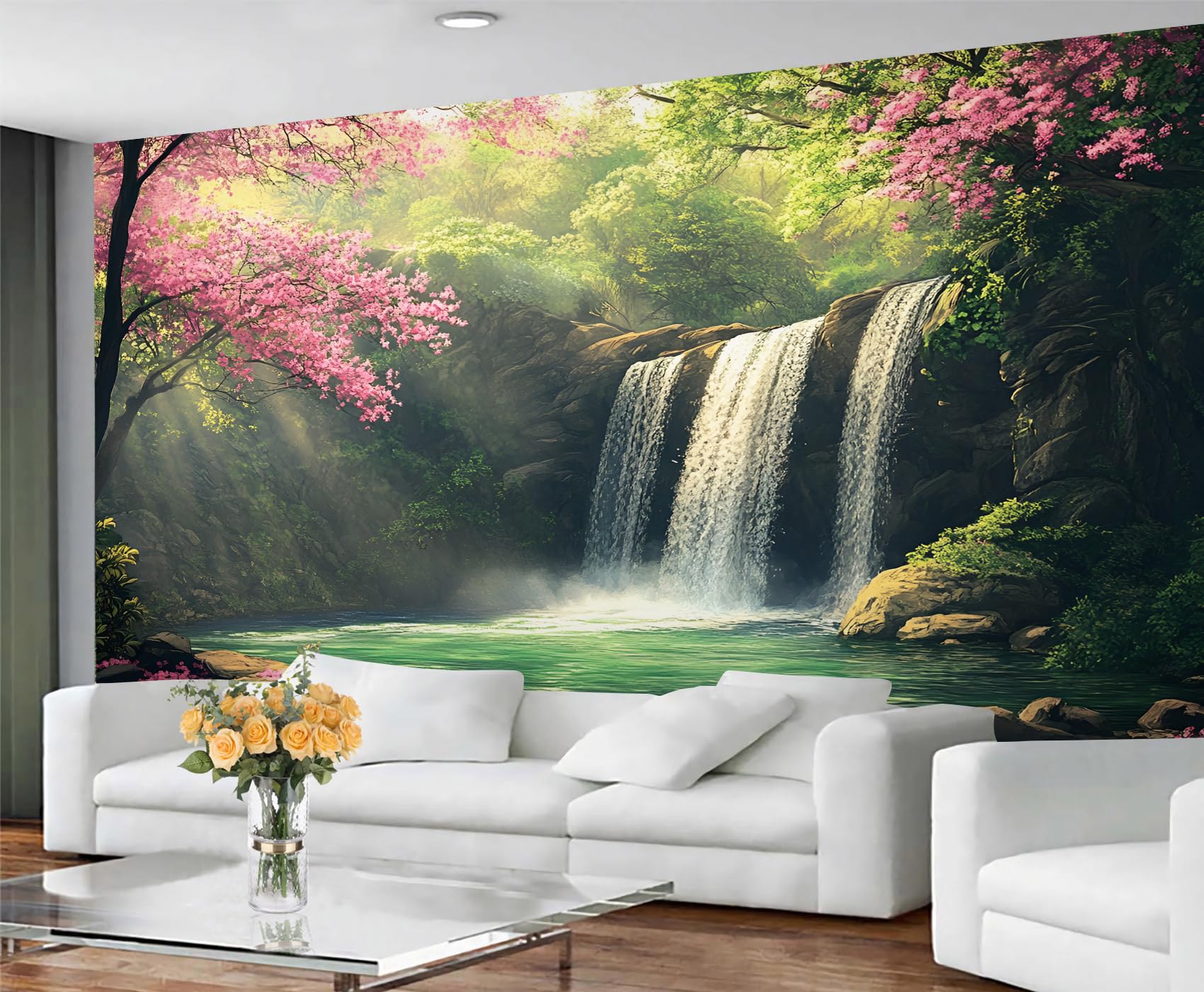 GIVLWF Waterfall Wallpaper Spring Forest Mural Wallpaper Cherry Blossom Bedroom Wall Paper for Living Room Non Self Adhesive Wall Murals & Home Decor — image 1