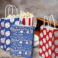 Vista 5 de AnyDesign Paquete de 12 bolsas de regalo de béisbol con asa, 4 diseños de papel rojo y azul, bolsas de dulces para regalos de fiesta de cumpleaños