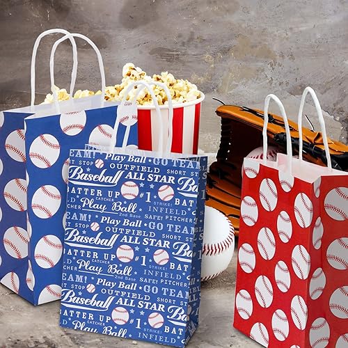 Miniatura 5 de AnyDesign Paquete de 12 bolsas de regalo de béisbol con asa, 4 diseños de papel rojo y azul, bolsas de dulces para regalos de fiesta de cumpleaños,