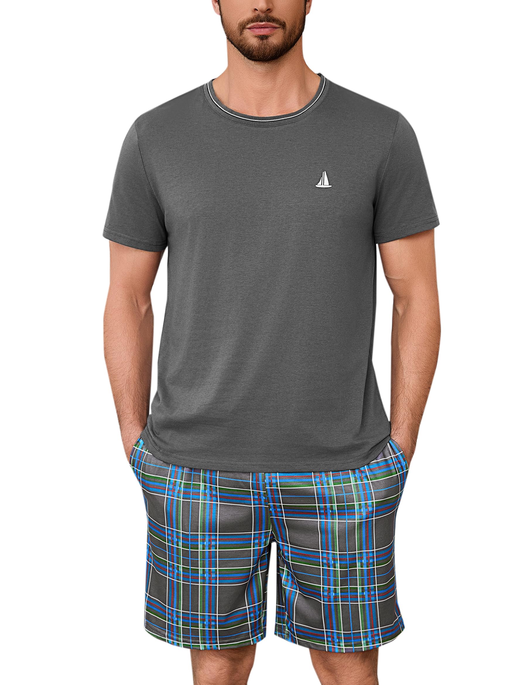 Jahetuul Schlafanzug Herren kurz Schlafhose Karomuster Pyjama Sommer Rundhals Schlafanzüge für Herren Pyjamashort Nachtwäsche Männer
