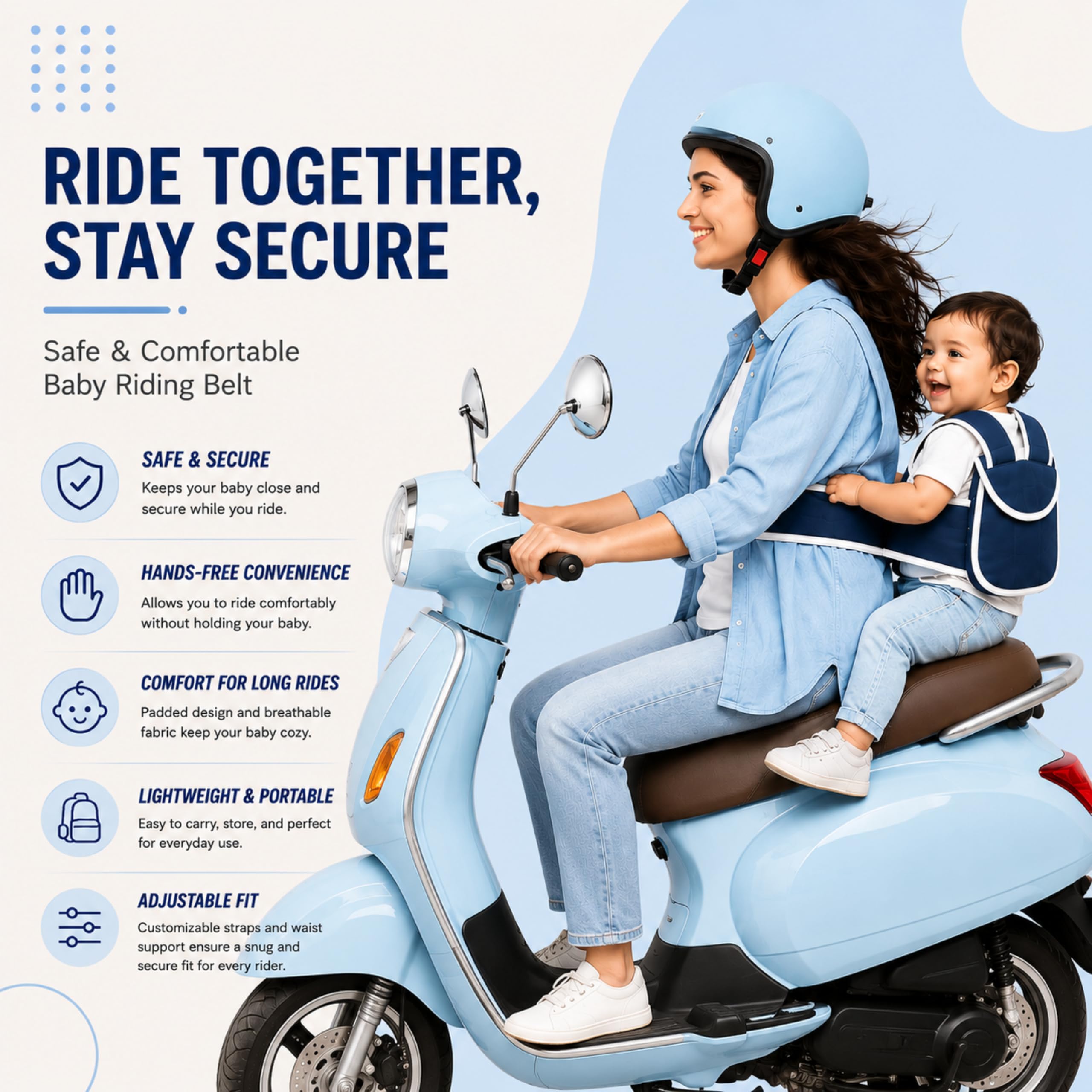 Mommers Baby Safety Belt for 2 Wheeler | Adjustable Harness for Bike and Scooter | Motorcycle Safety Harness Strap Belt for Children for 2 to 6 Year | Polyester - Blue — Amazon image 4