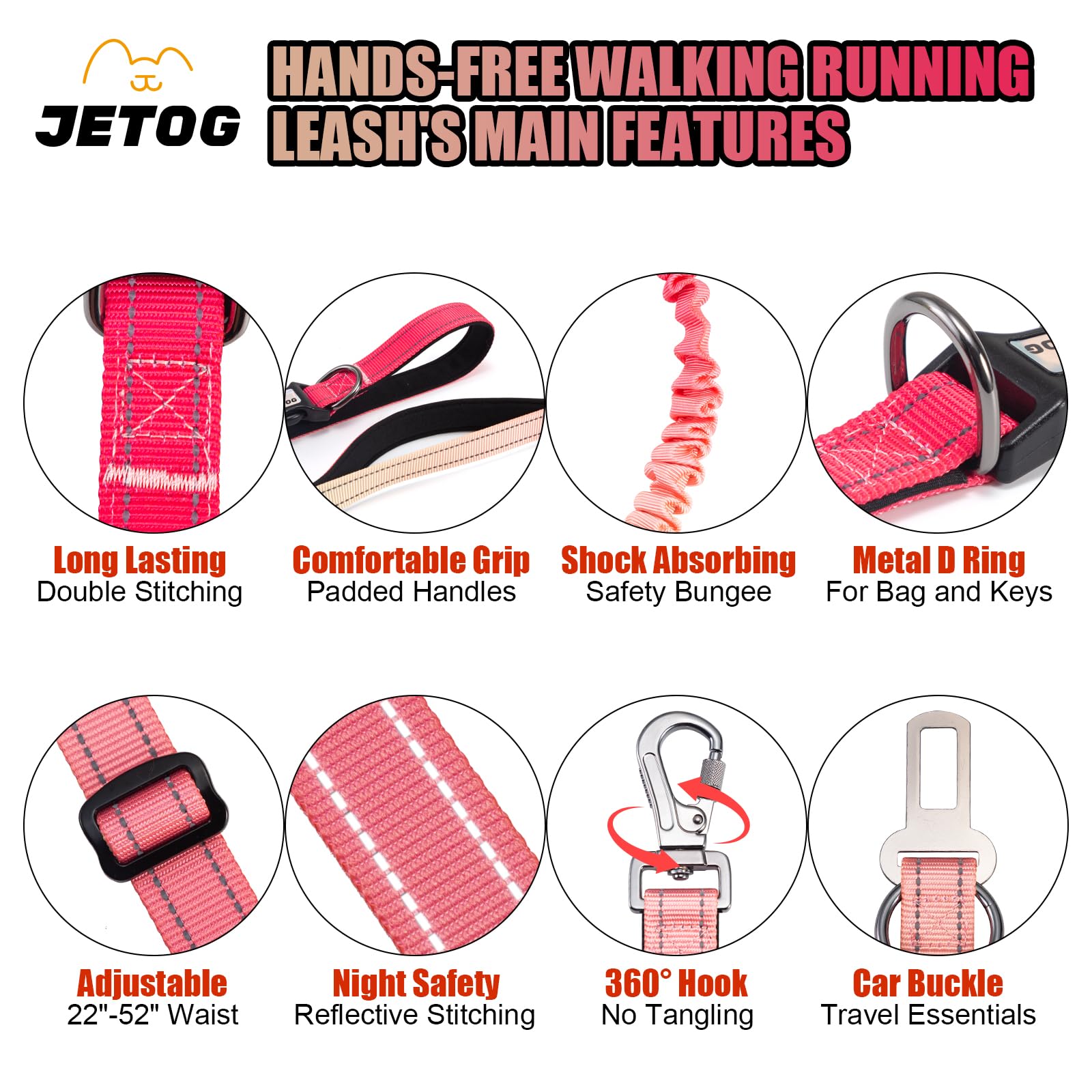 Laisse pour chien résistante mains libres, réfléchissante, taille réglable, avec poignées rembourrées, élastique absorbant les chocs et ceinture de sécurité de voiture pour chiens de grande et