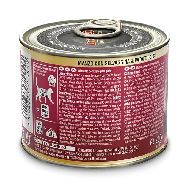Foto 3 de 6 de LEONARDO Comida húmeda, selección superior, carne de vacuno con caza y batata, 6 latas de 200 g