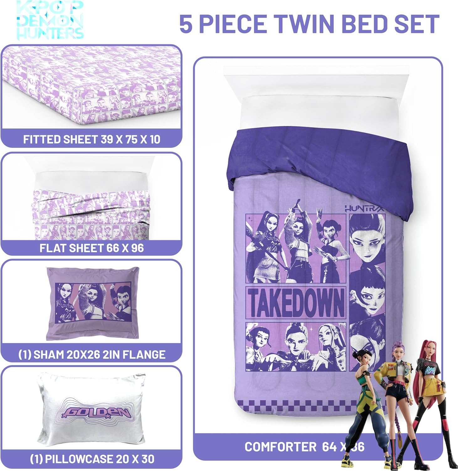 Jay Franco Kids Comforter Set Includes Sheets and Pillow Covers - Soft and Cozy Bed Set for Stylish Room Decor, Official Licensed Bedding, Purple - Kpop Demon Hunters, 5 Piece Twin